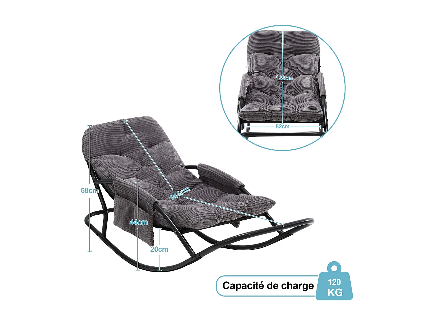 Fauteuil à bascule avec coussin épais en tissu rayé, chaise lounge à structure en acier pour salon, balcon ou terrasse