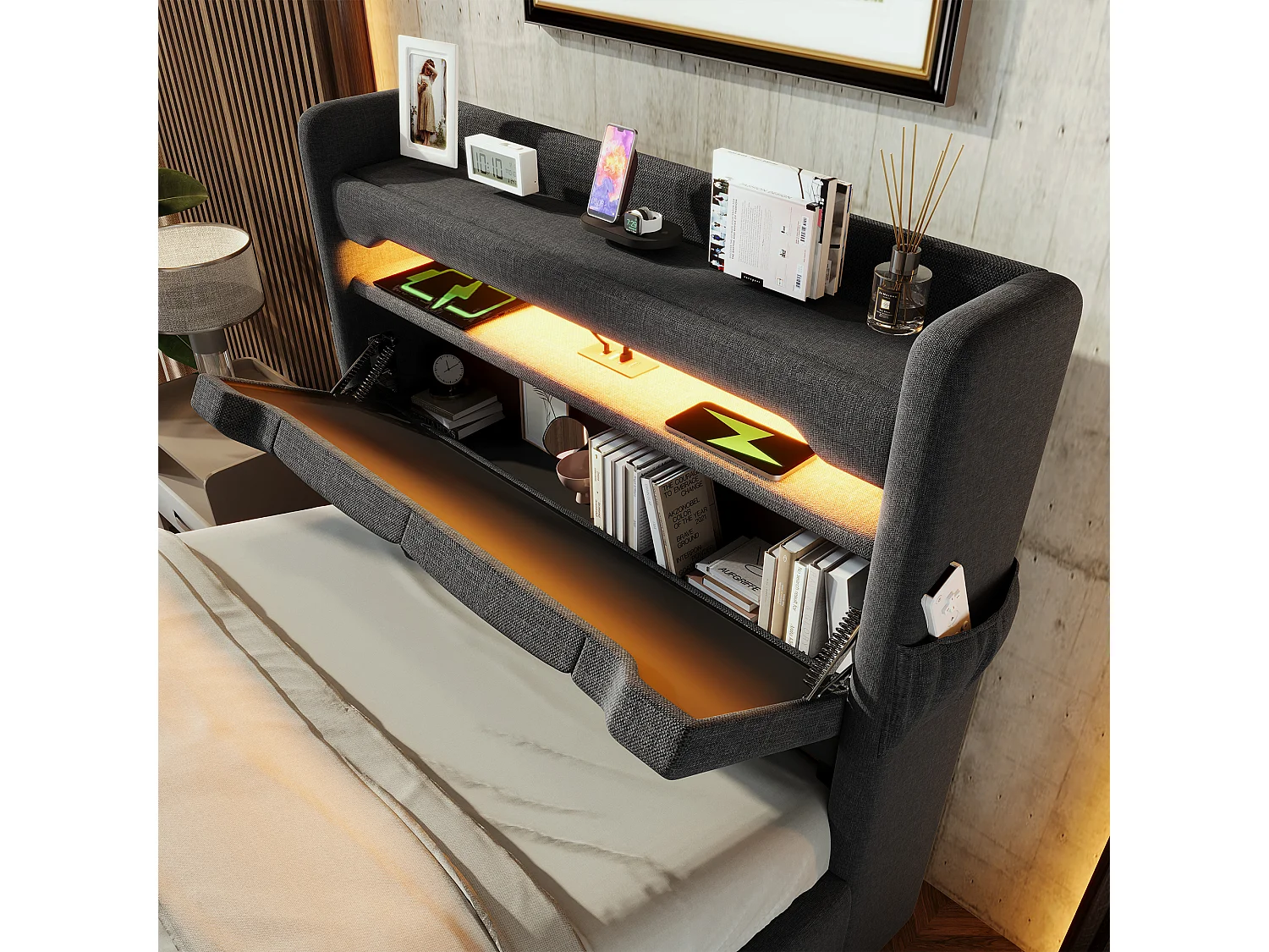Lit coffre 90x200 - lit simple avec rangement 3 niveaux, LED 360°, 3 USB + USB-C, tissu lin - gris