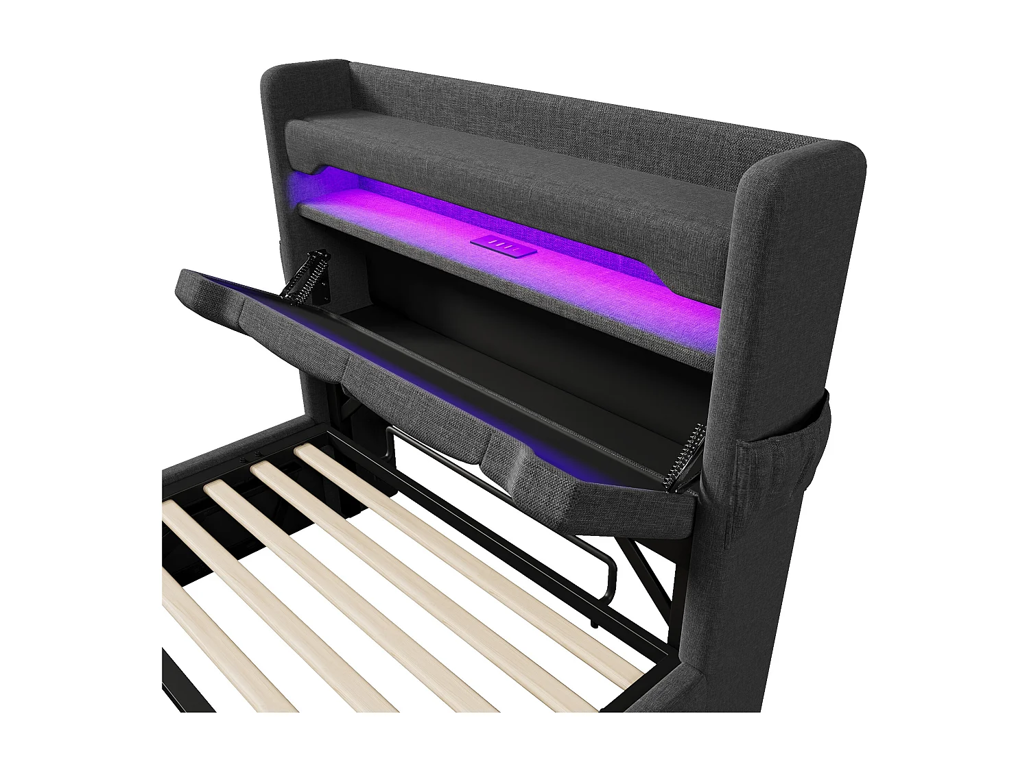Lit coffre 90x200 - lit simple avec rangement 3 niveaux, LED 360°, 3 USB + USB-C, tissu lin - gris