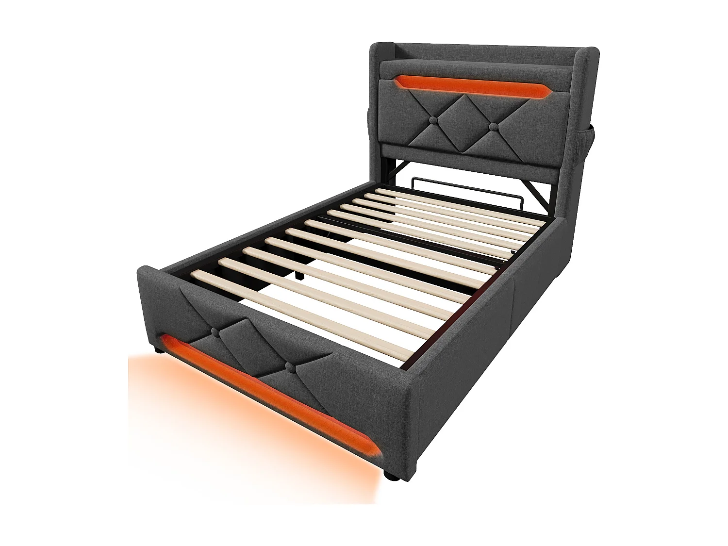 Lit coffre 90x200 - lit simple avec rangement 3 niveaux, LED 360°, 3 USB + USB-C, tissu lin - gris