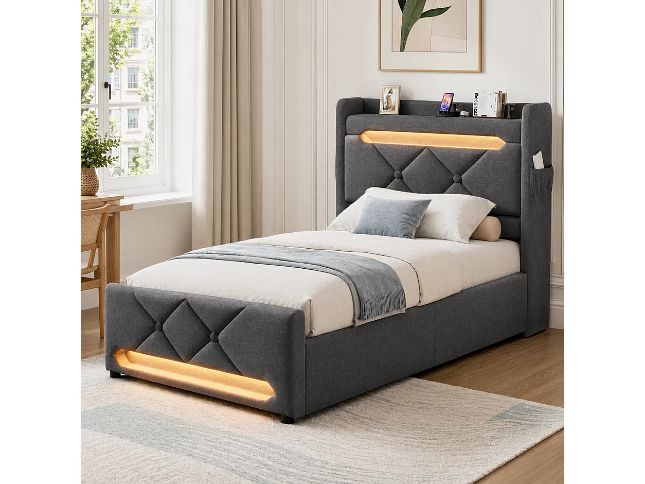 Lit coffre 90x200 - lit simple avec rangement 3 niveaux, LED 360°, 3 USB + USB-C, tissu lin - gris