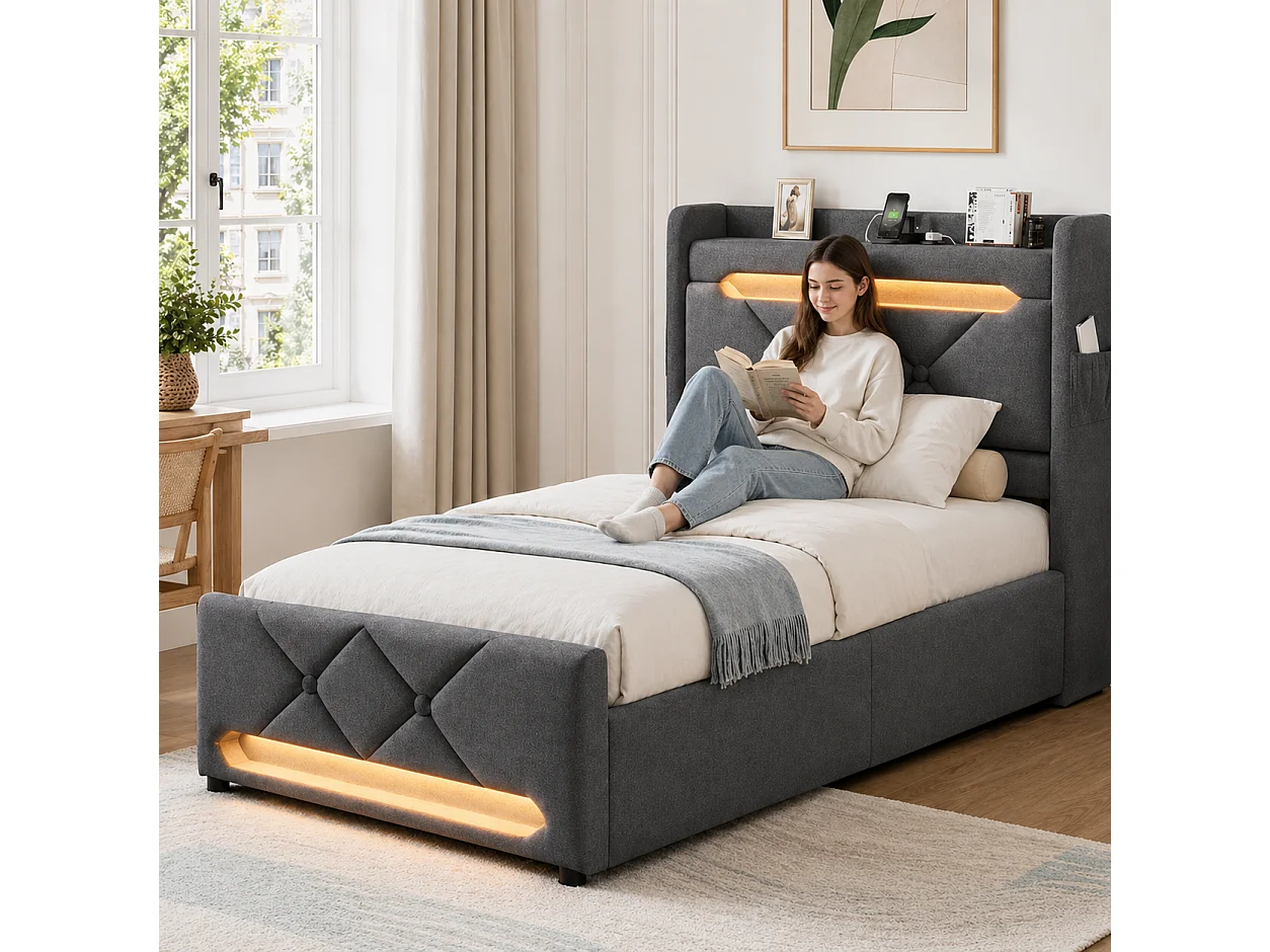Lit coffre 90x200 - lit simple avec rangement 3 niveaux, LED 360°, 3 USB + USB-C, tissu lin - gris