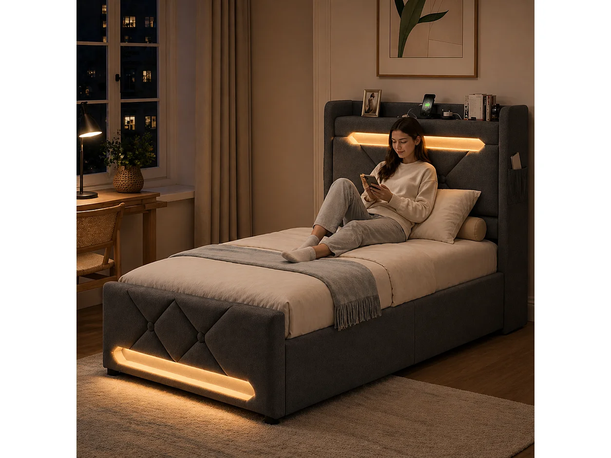 Lit coffre 90x200 - lit simple avec rangement 3 niveaux, LED 360°, 3 USB + USB-C, tissu lin - gris