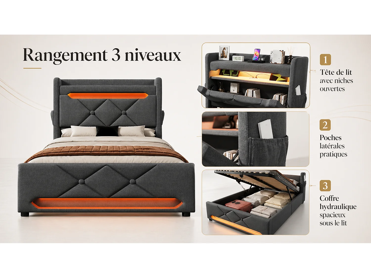 Lit coffre 90x200 - lit simple avec rangement 3 niveaux, LED 360°, 3 USB + USB-C, tissu lin - gris