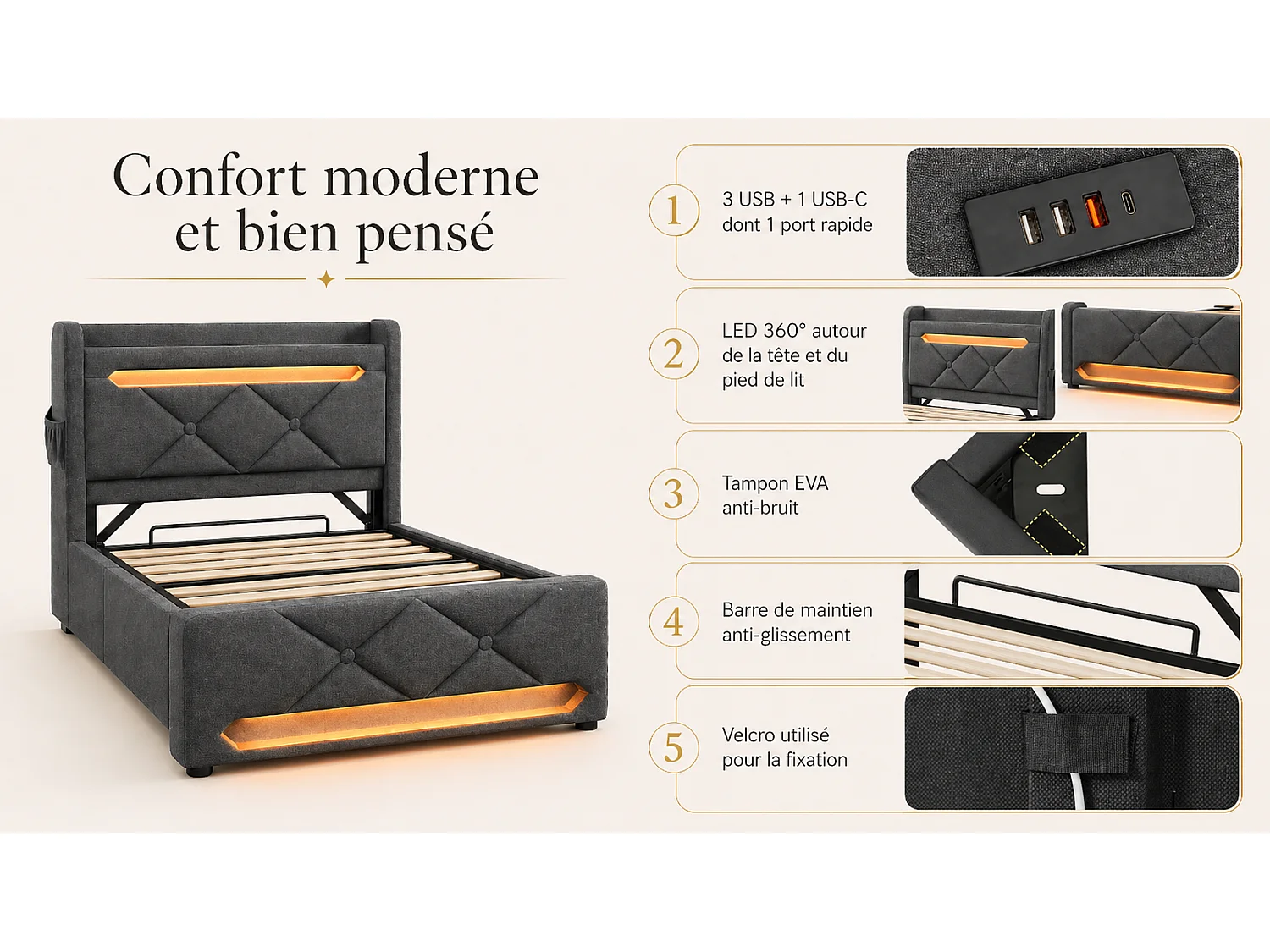 Lit coffre 90x200 - lit simple avec rangement 3 niveaux, LED 360°, 3 USB + USB-C, tissu lin - gris
