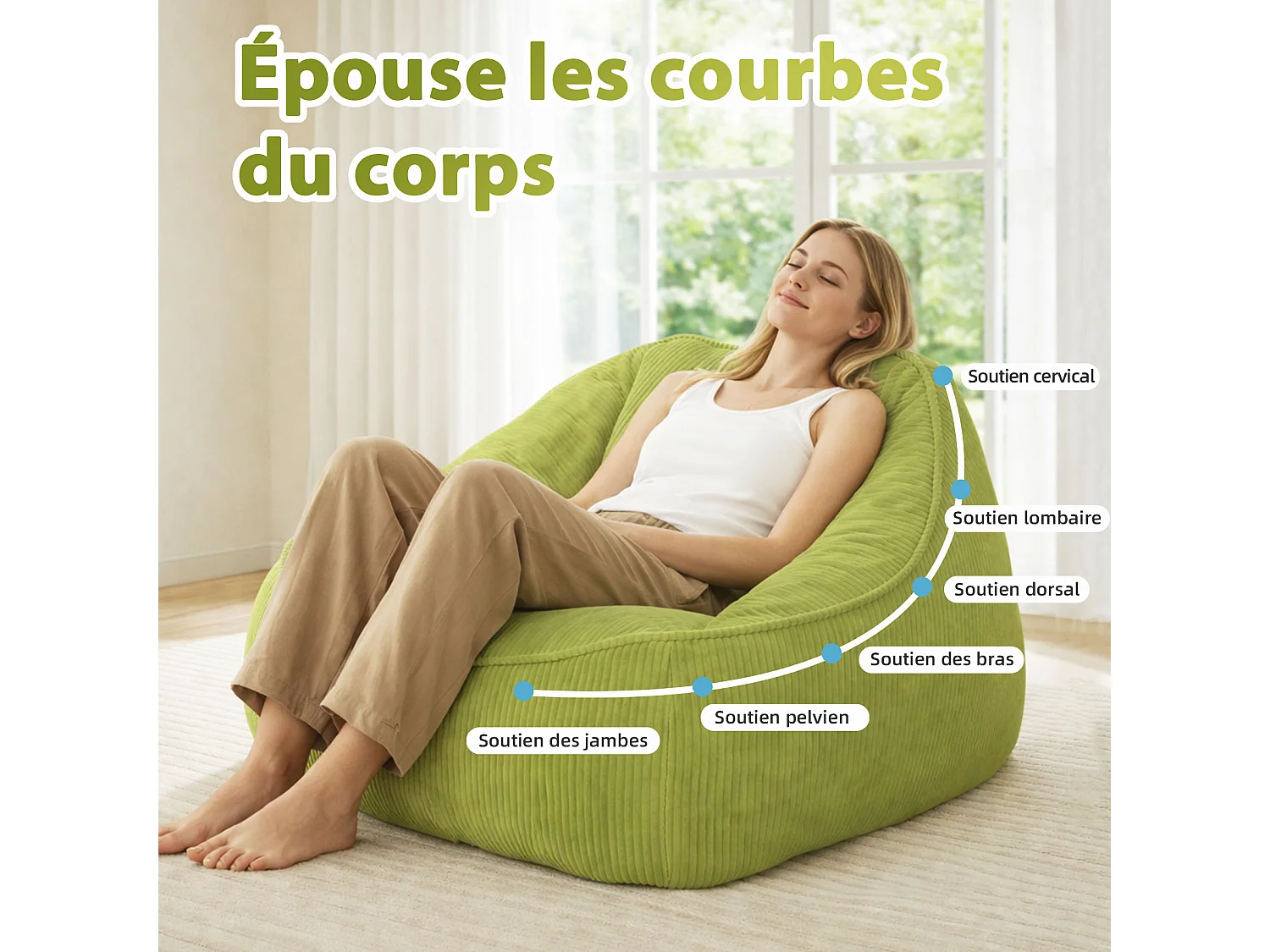 Pouf poire en velours côtelé, effet cocon et base antidérapante pour chambre et salon
