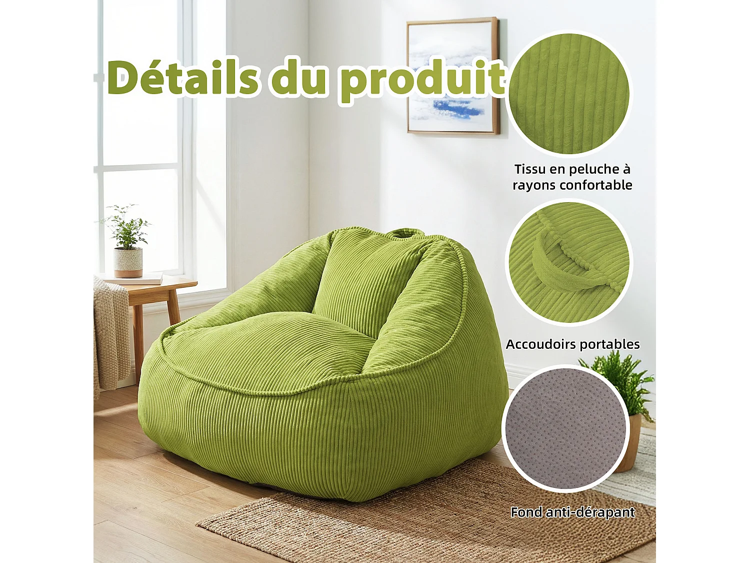 Pouf poire en velours côtelé, effet cocon et base antidérapante pour chambre et salon