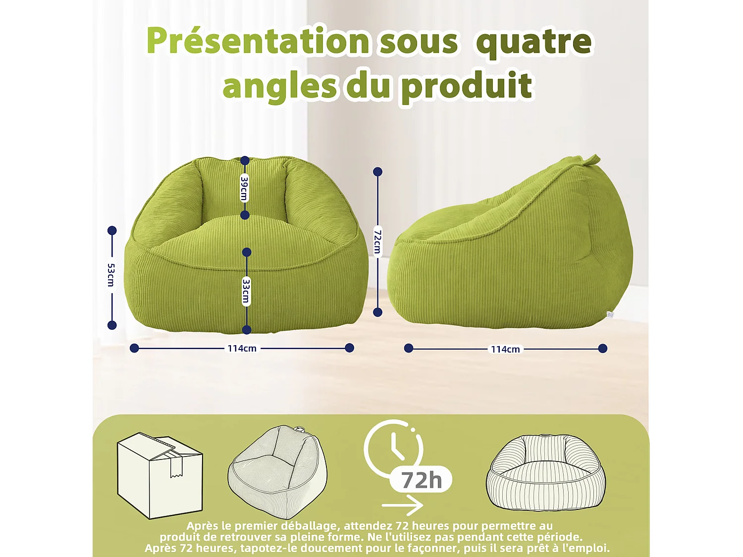 Pouf poire en velours côtelé, effet cocon et base antidérapante pour chambre et salon
