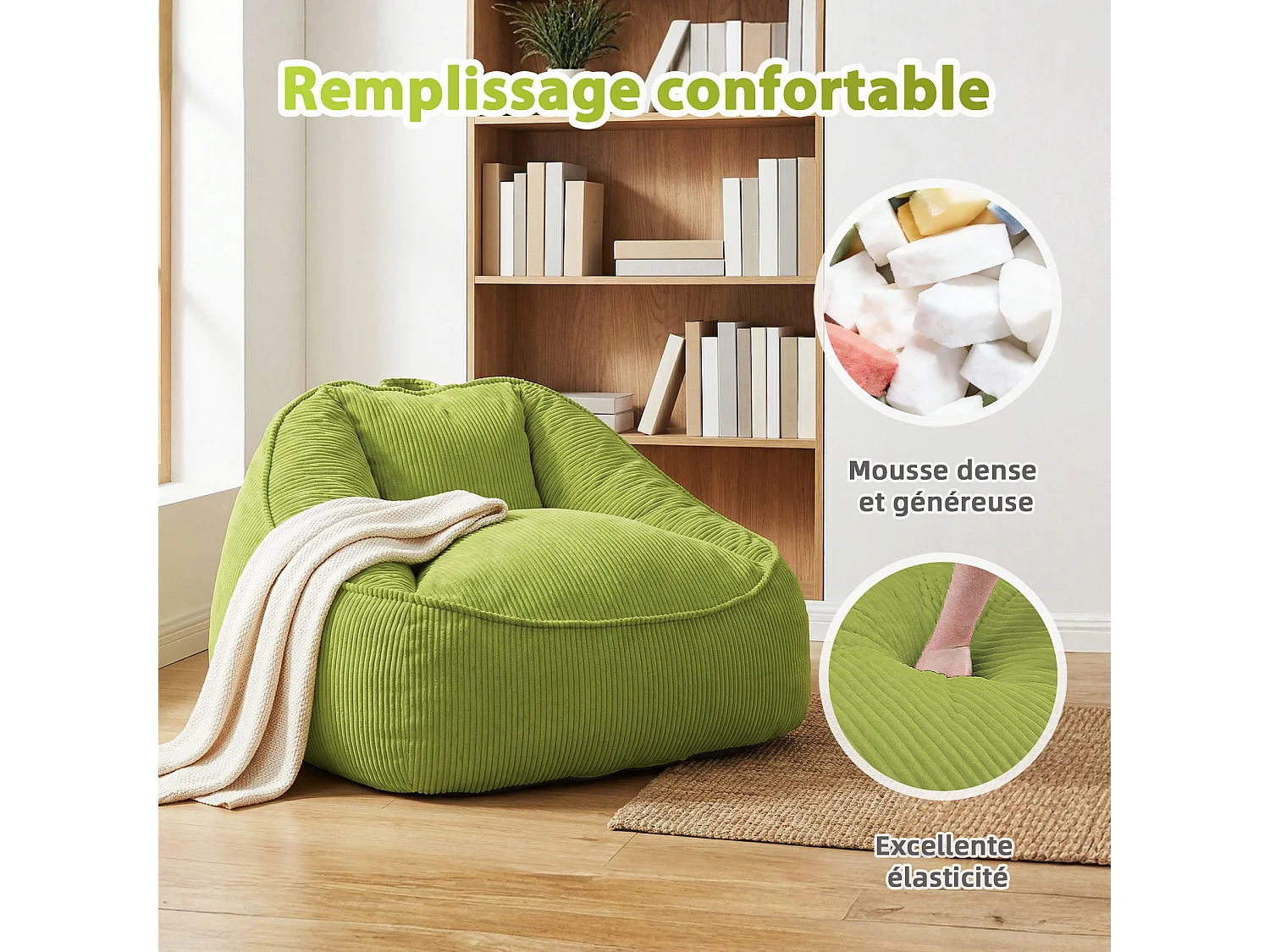 Pouf poire en velours côtelé, effet cocon et base antidérapante pour chambre et salon