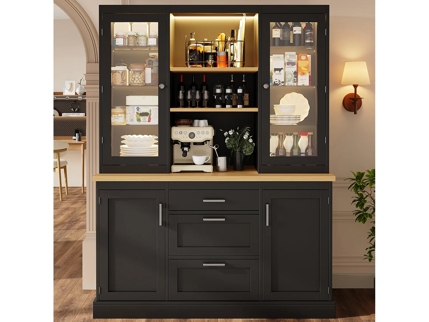 Meuble de cuisine avec éclairage LED 185 x 140 x 40 cm , 3 tiroirs, plan de travail, étagères réglables, noir