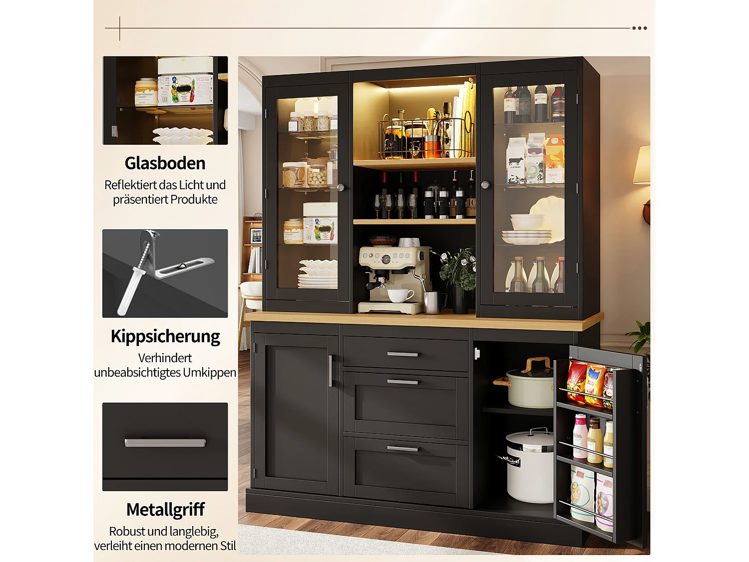 Meuble de cuisine avec éclairage LED 185 x 140 x 40 cm , 3 tiroirs, plan de travail, étagères réglables, noir