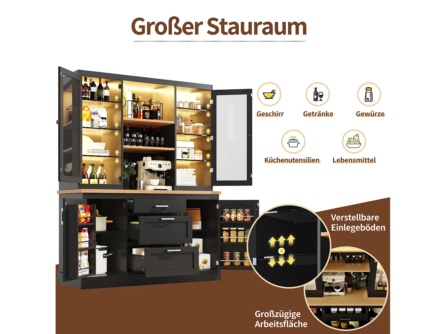 Meuble de cuisine avec éclairage LED 185 x 140 x 40 cm , 3 tiroirs, plan de travail, étagères réglables, noir