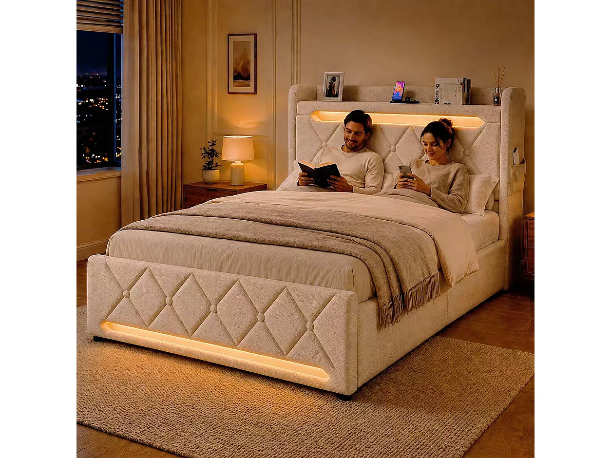 Lit coffre 140x190 - lit double compact avec rangement 3 niveaux, LED 360°, 3 USB + USB-C, lin - beige