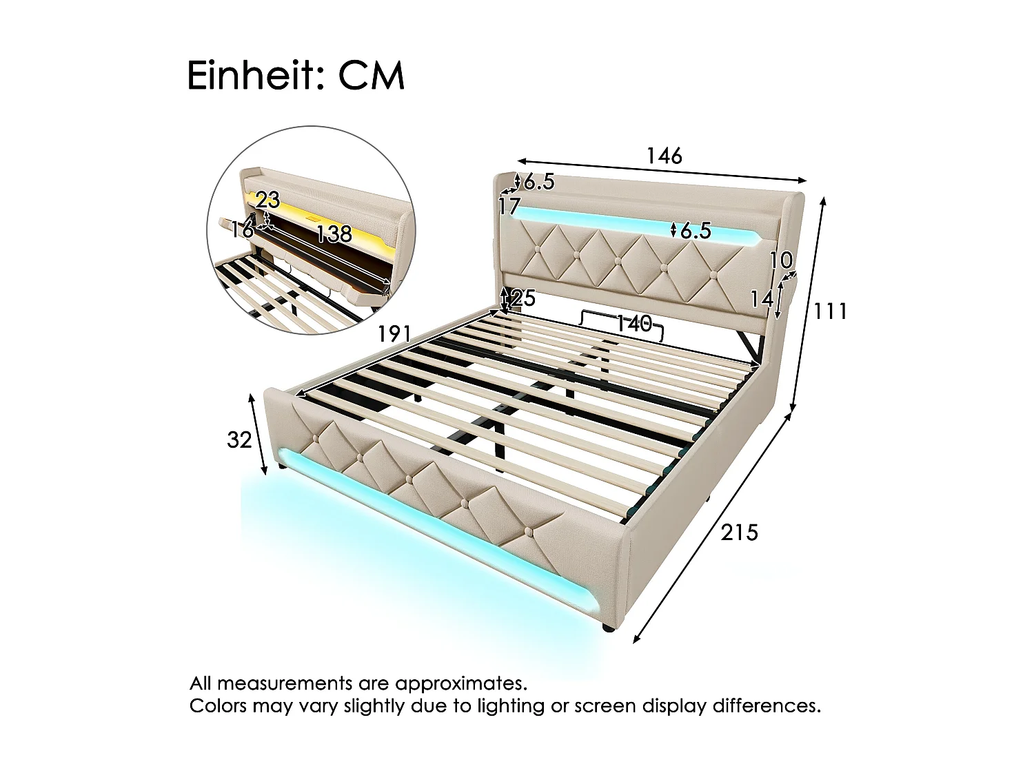 Lit coffre 140x190 - lit double compact avec rangement 3 niveaux, LED 360°, 3 USB + USB-C, lin - beige