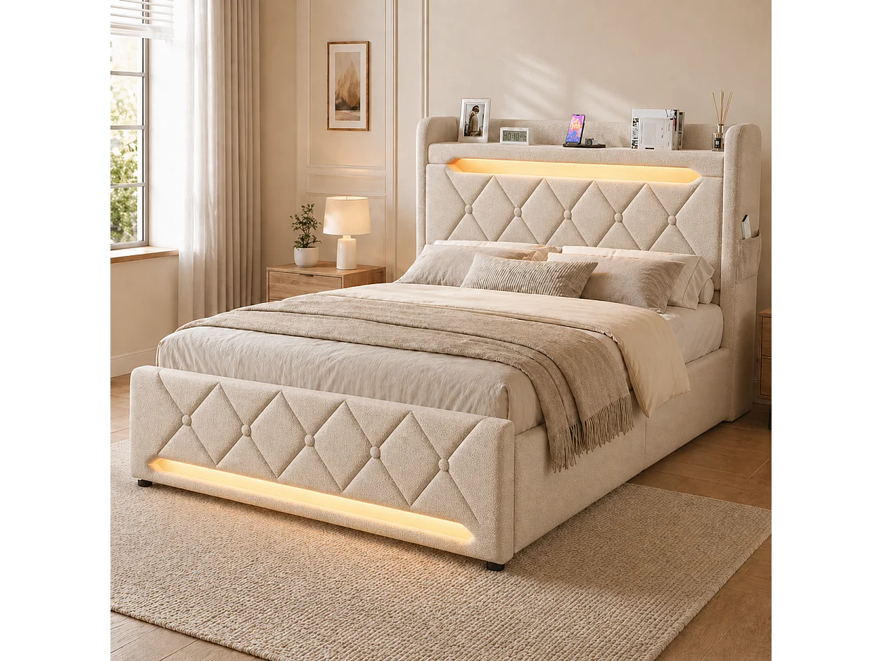 Lit coffre 140x190 - lit double compact avec rangement 3 niveaux, LED 360°, 3 USB + USB-C, lin - beige