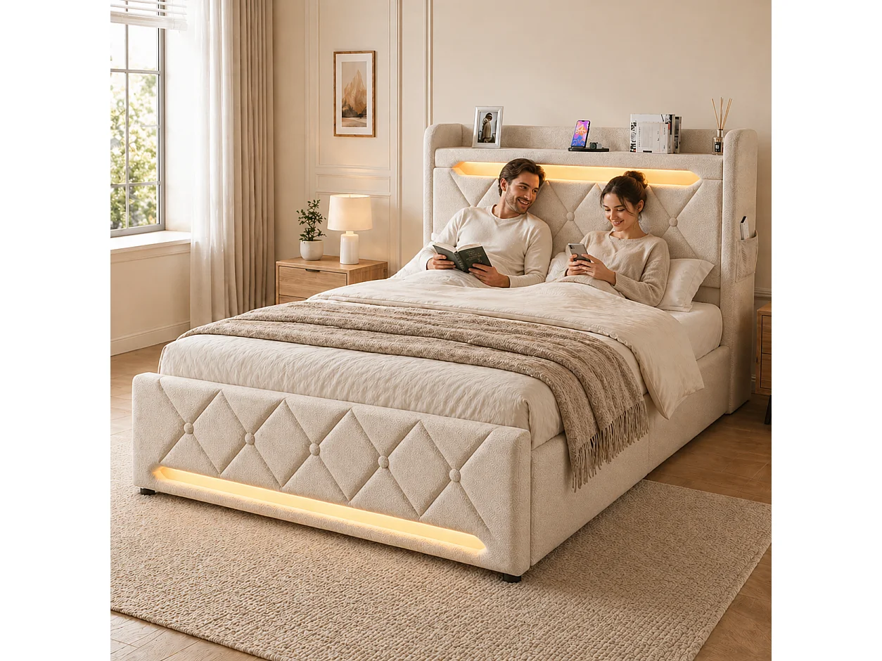 Lit coffre 140x190 - lit double compact avec rangement 3 niveaux, LED 360°, 3 USB + USB-C, lin - beige