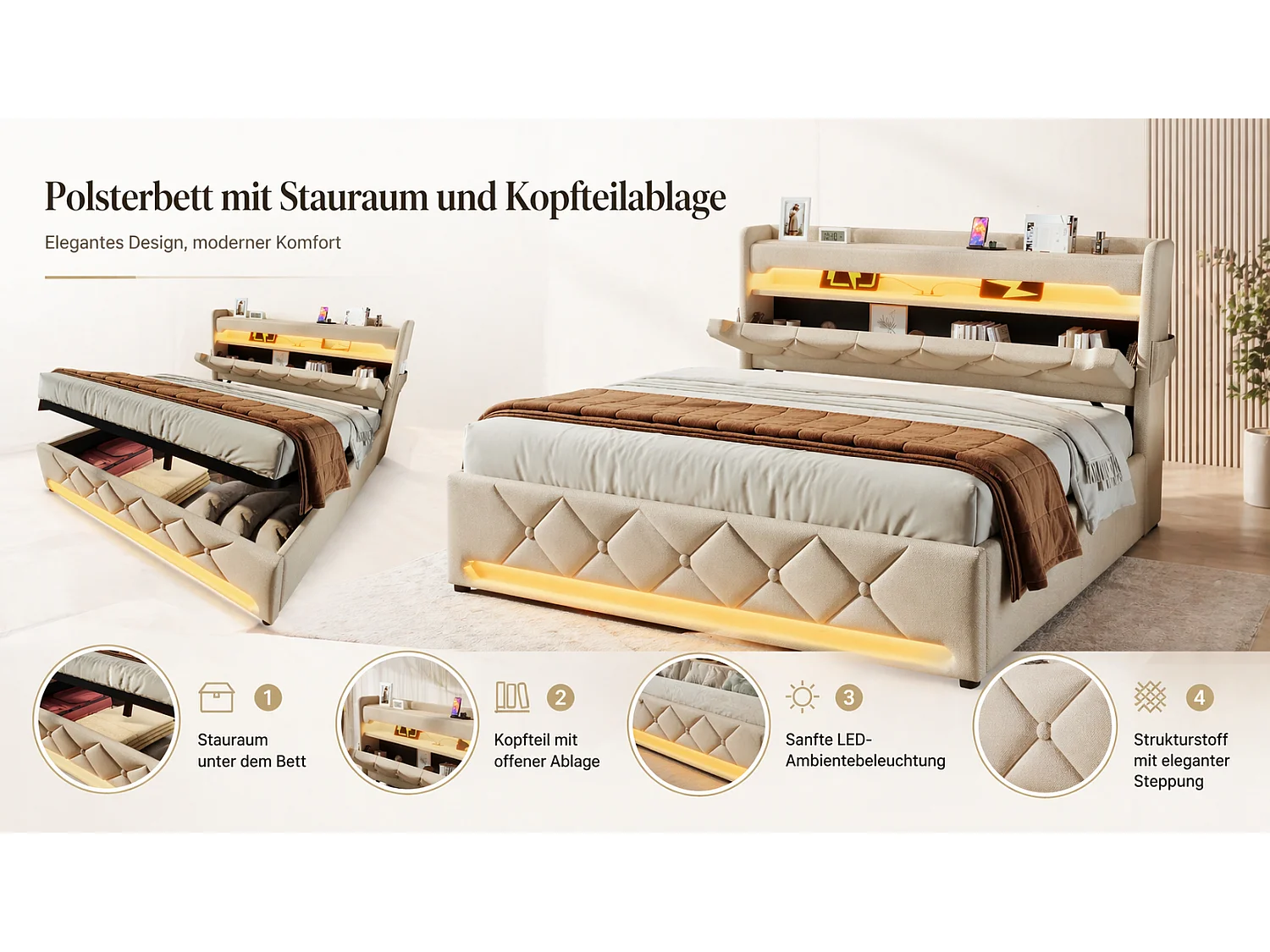 Lit coffre 140x190 - lit double compact avec rangement 3 niveaux, LED 360°, 3 USB + USB-C, lin - beige