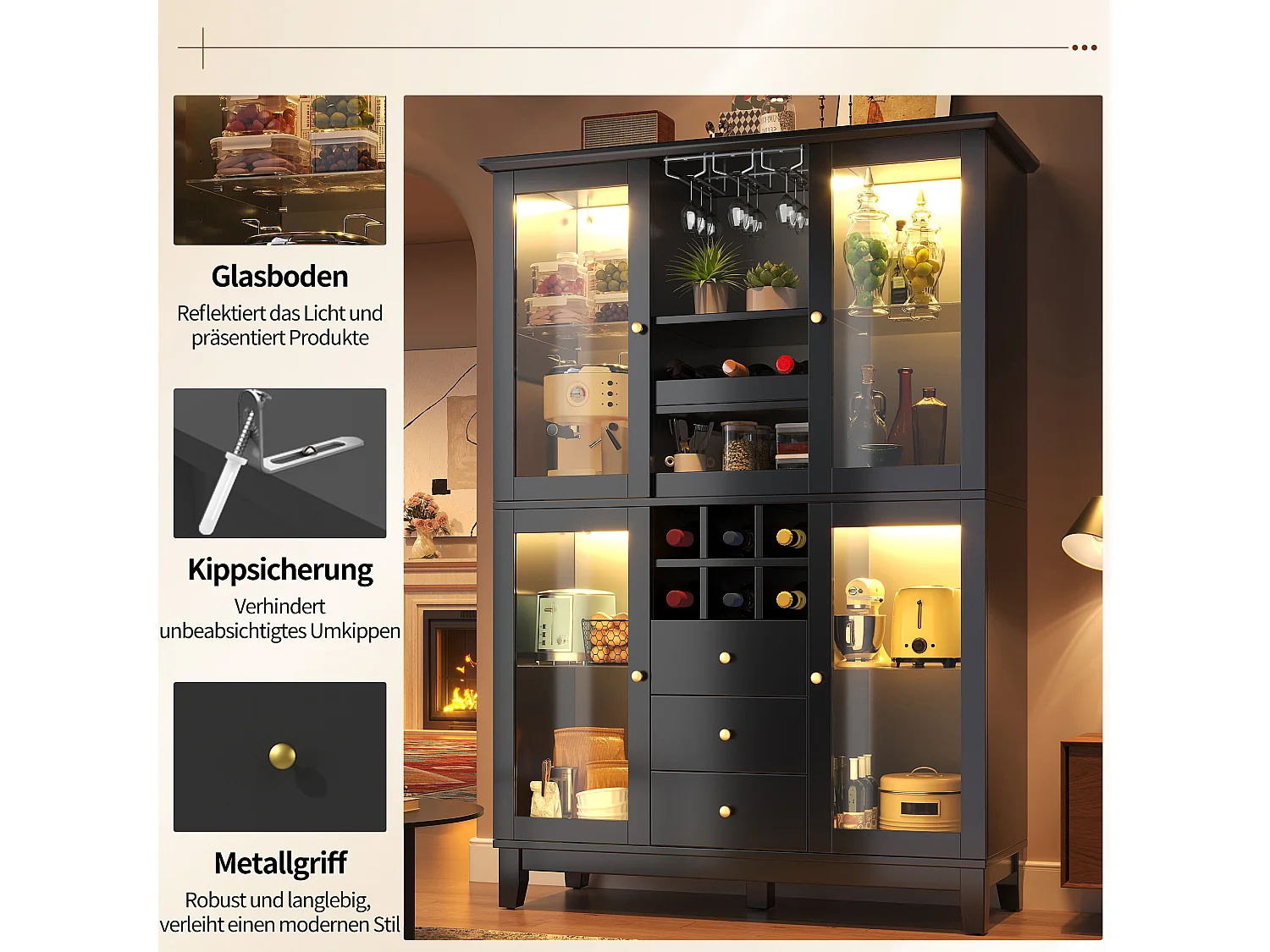 Buffet 180,5 x 120 x 40 cm avec éclairage LED, 3 tiroirs, porte-verres et porte-bouteilles, Noir
