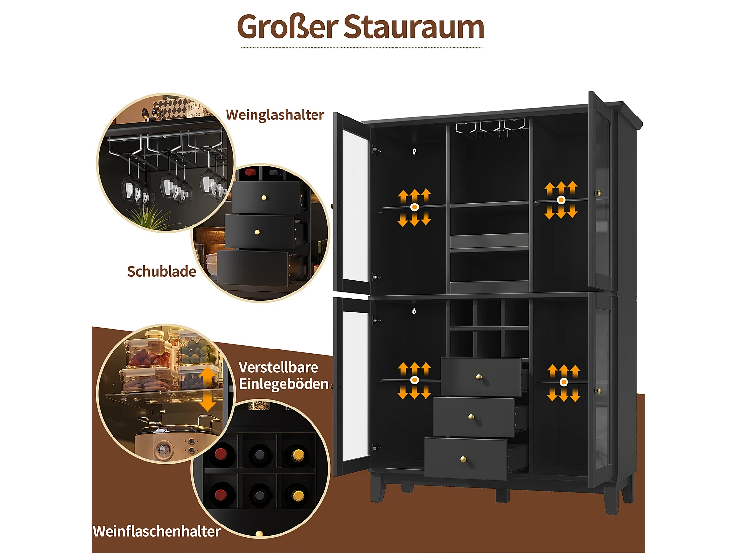 Buffet 180,5 x 120 x 40 cm avec éclairage LED, 3 tiroirs, porte-verres et porte-bouteilles, Noir