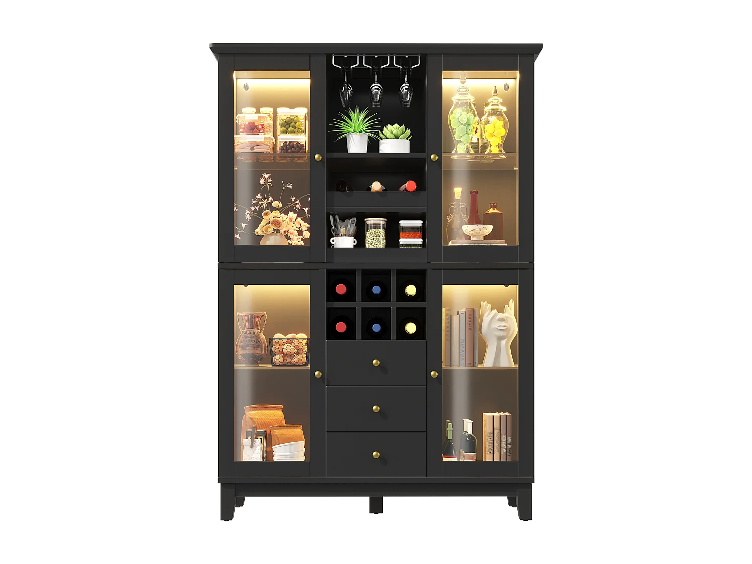Buffet 180,5 x 120 x 40 cm avec éclairage LED, 3 tiroirs, porte-verres et porte-bouteilles, Noir