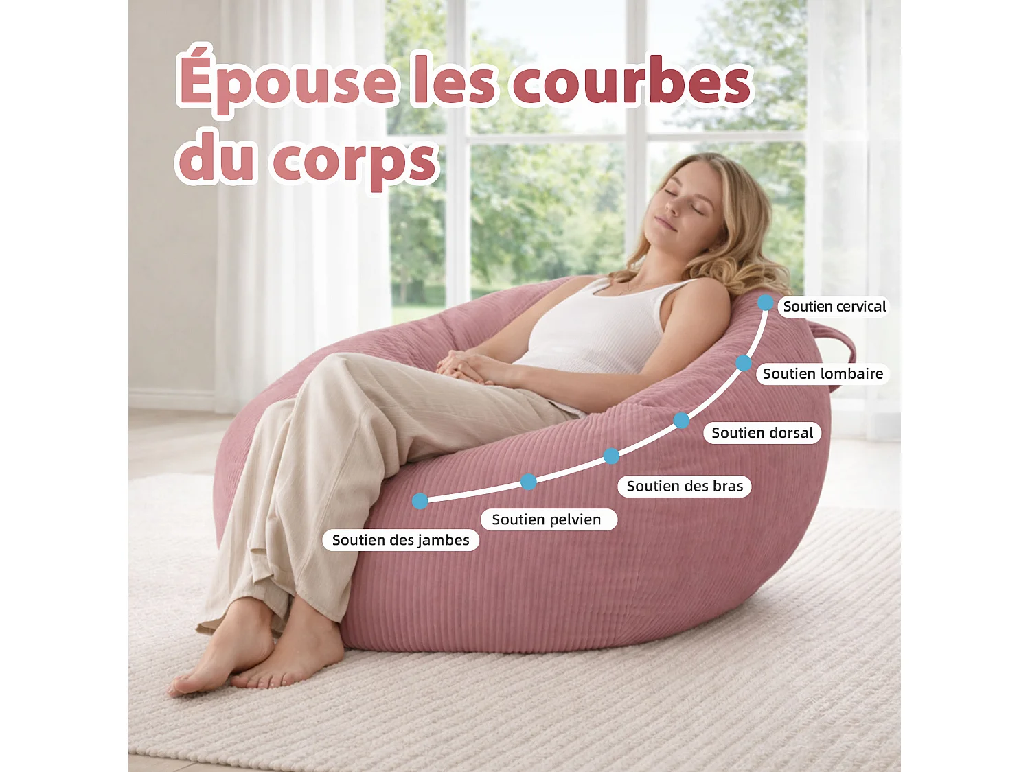 Fauteuil poire rond en velours côtelé, grand siège lounge avec soutien dorsal, assise de sol confortable pour salon, chambre ou coin lecture
