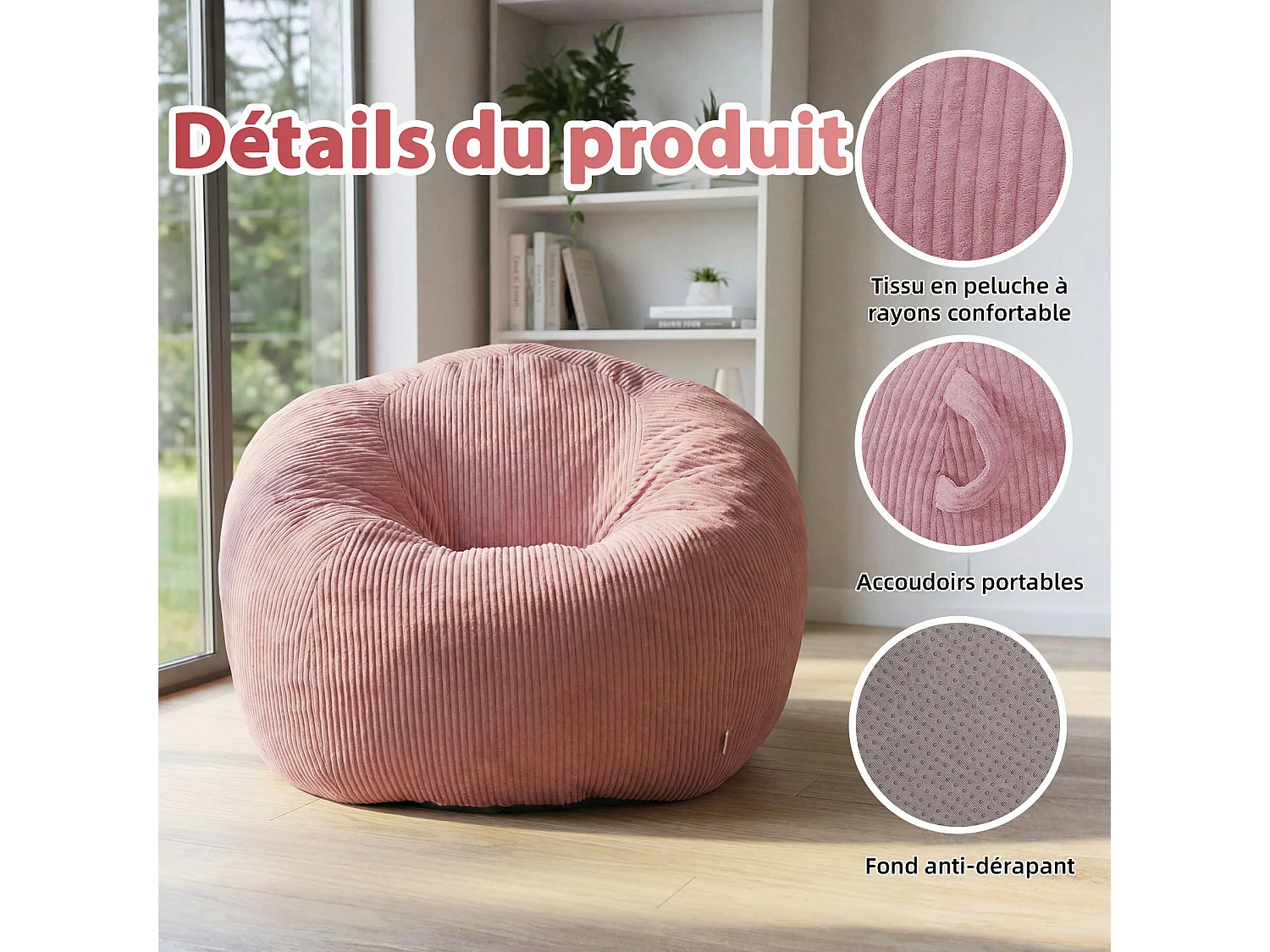 Fauteuil poire rond en velours côtelé, grand siège lounge avec soutien dorsal, assise de sol confortable pour salon, chambre ou coin lecture