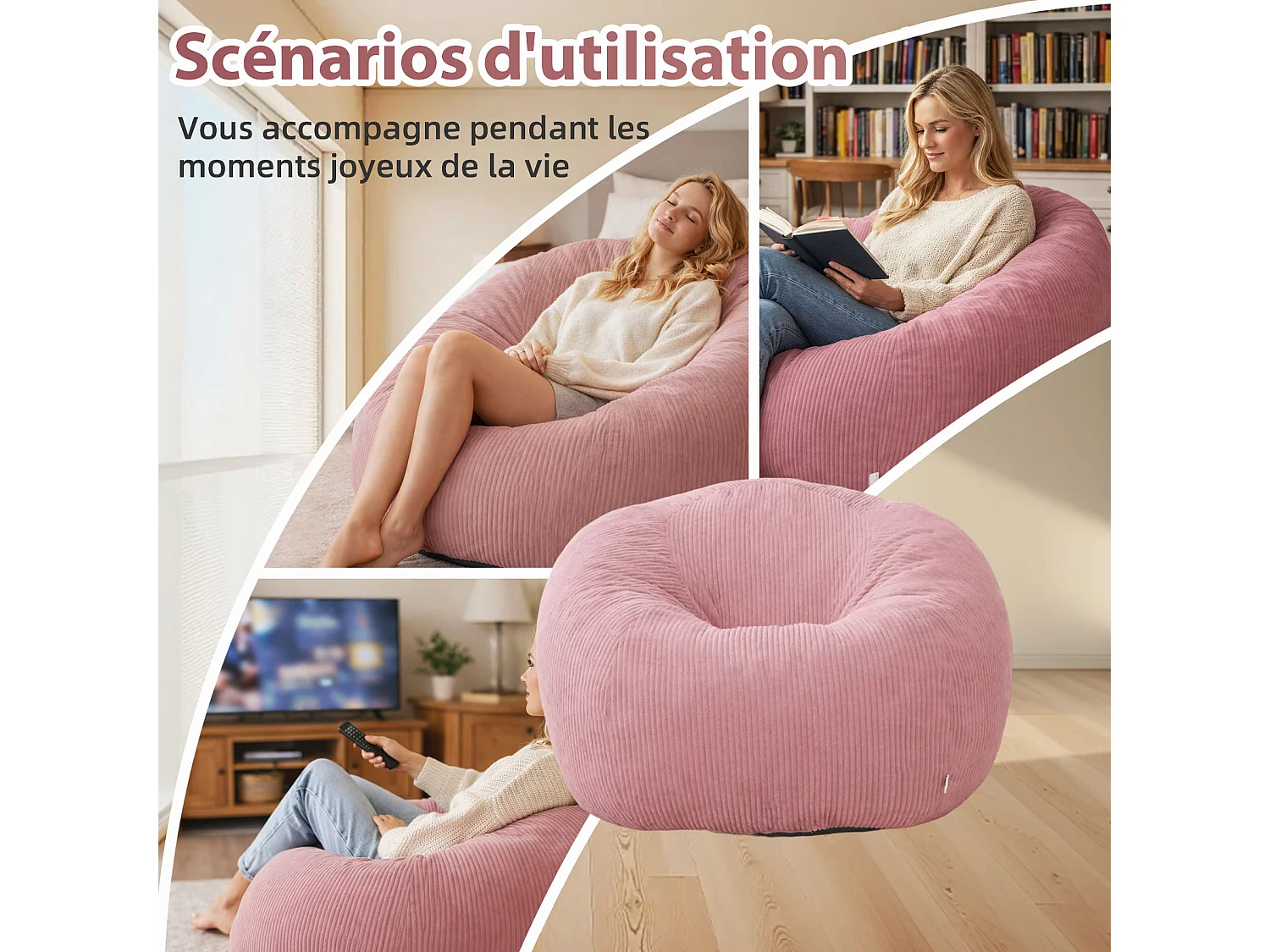 Fauteuil poire rond en velours côtelé, grand siège lounge avec soutien dorsal, assise de sol confortable pour salon, chambre ou coin lecture