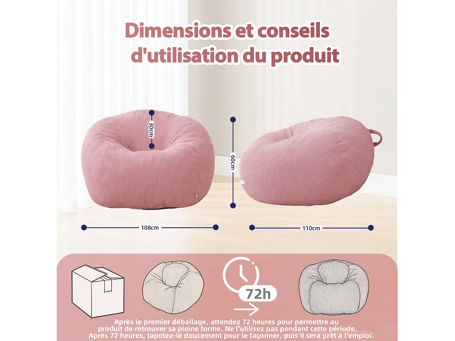 Fauteuil poire rond en velours côtelé, grand siège lounge avec soutien dorsal, assise de sol confortable pour salon, chambre ou coin lecture