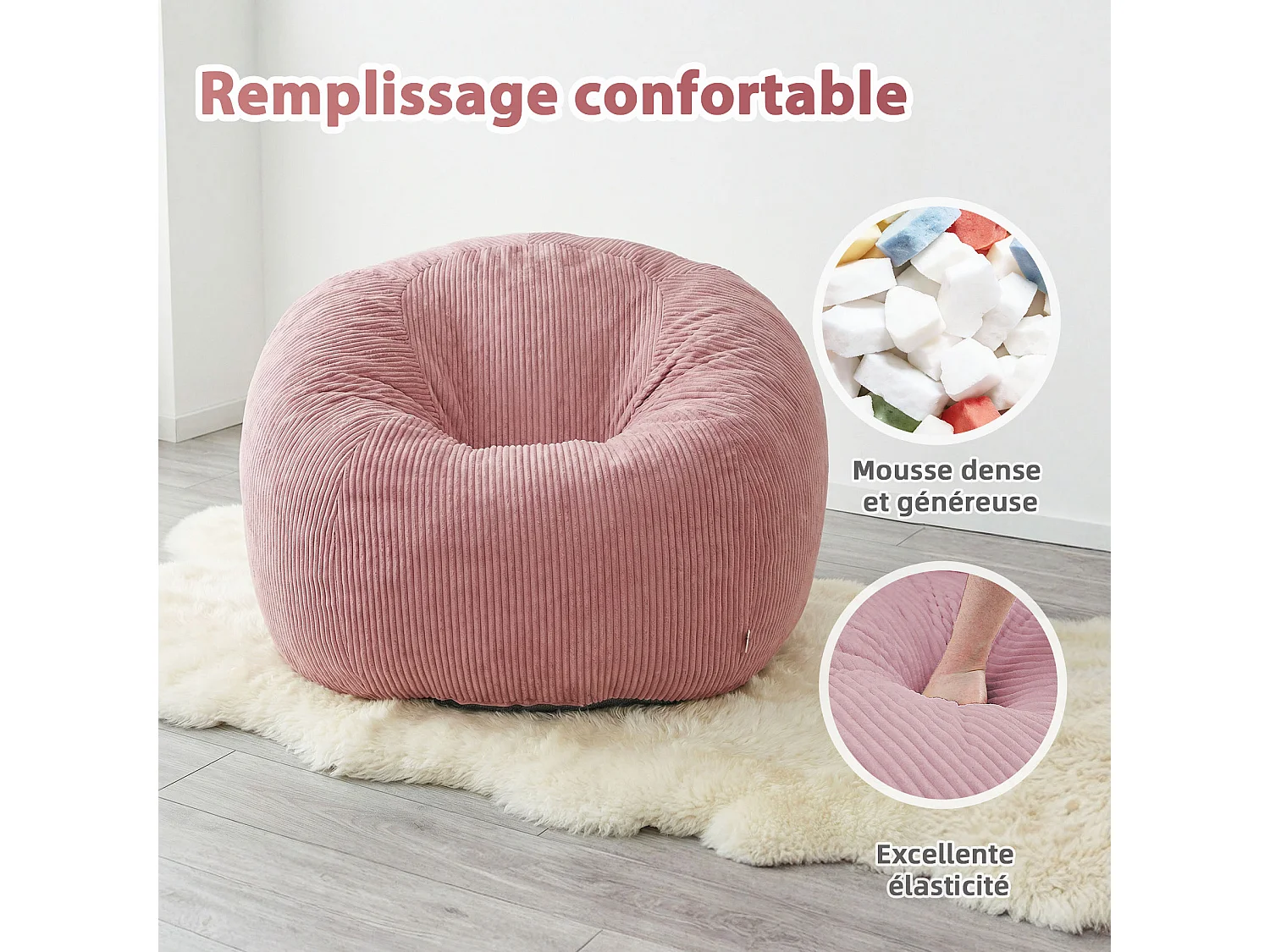Fauteuil poire rond en velours côtelé, grand siège lounge avec soutien dorsal, assise de sol confortable pour salon, chambre ou coin lecture