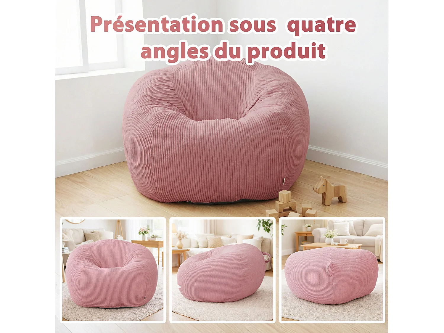 Fauteuil poire rond en velours côtelé, grand siège lounge avec soutien dorsal, assise de sol confortable pour salon, chambre ou coin lecture