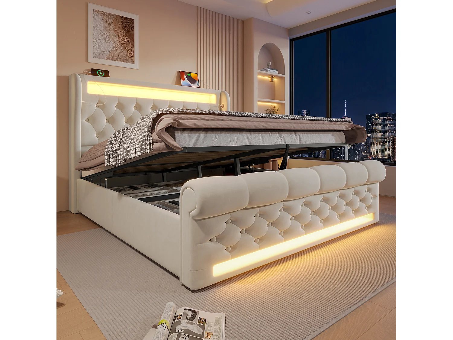 Lit coffre 140x190 en velours beige avec LED, tête de lit rangement, USB et USB-C