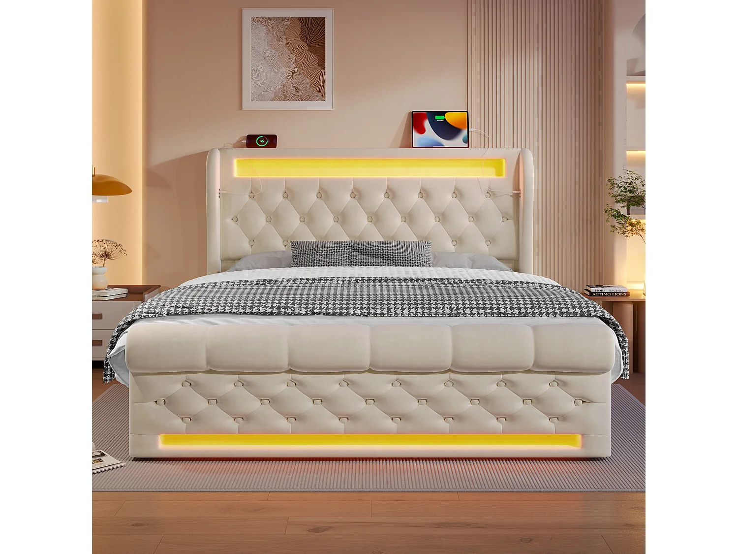 Lit coffre 140x190 en velours beige avec LED, tête de lit rangement, USB et USB-C