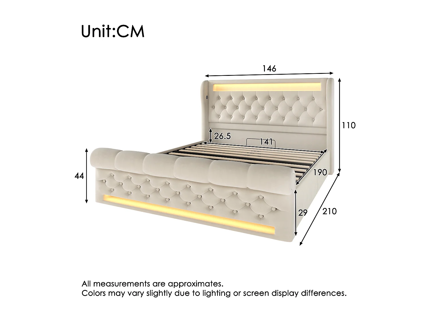 Lit coffre 140x190 en velours beige avec LED, tête de lit rangement, USB et USB-C