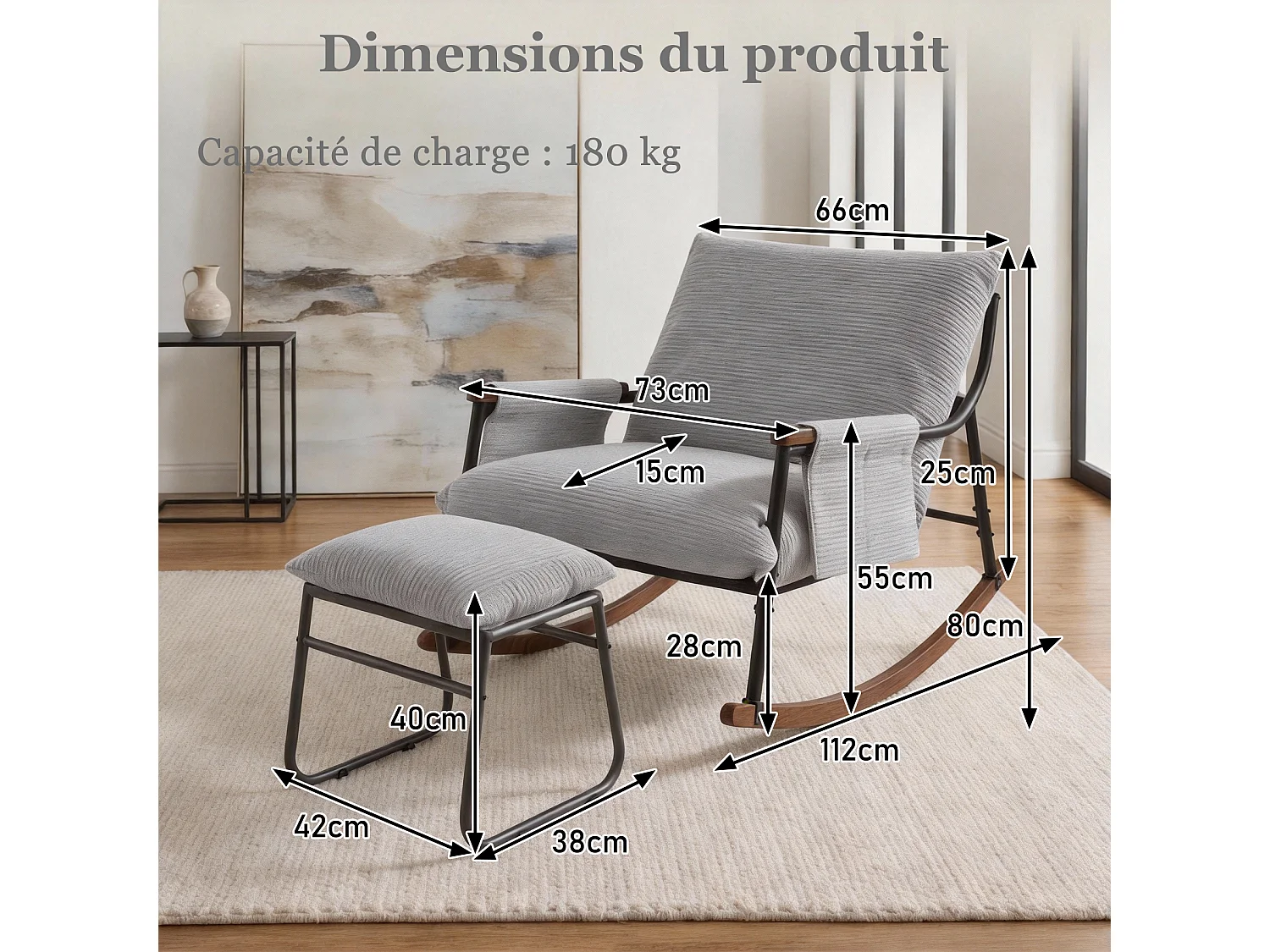 Confort Exceptionnel – Fauteuil à Bascule en Métal avec Accoudoirs en Bois et Repose-pieds, Coussin Épais de 15 cm, Design Moderne en Tissu Rayé, Idéal pour le Salo