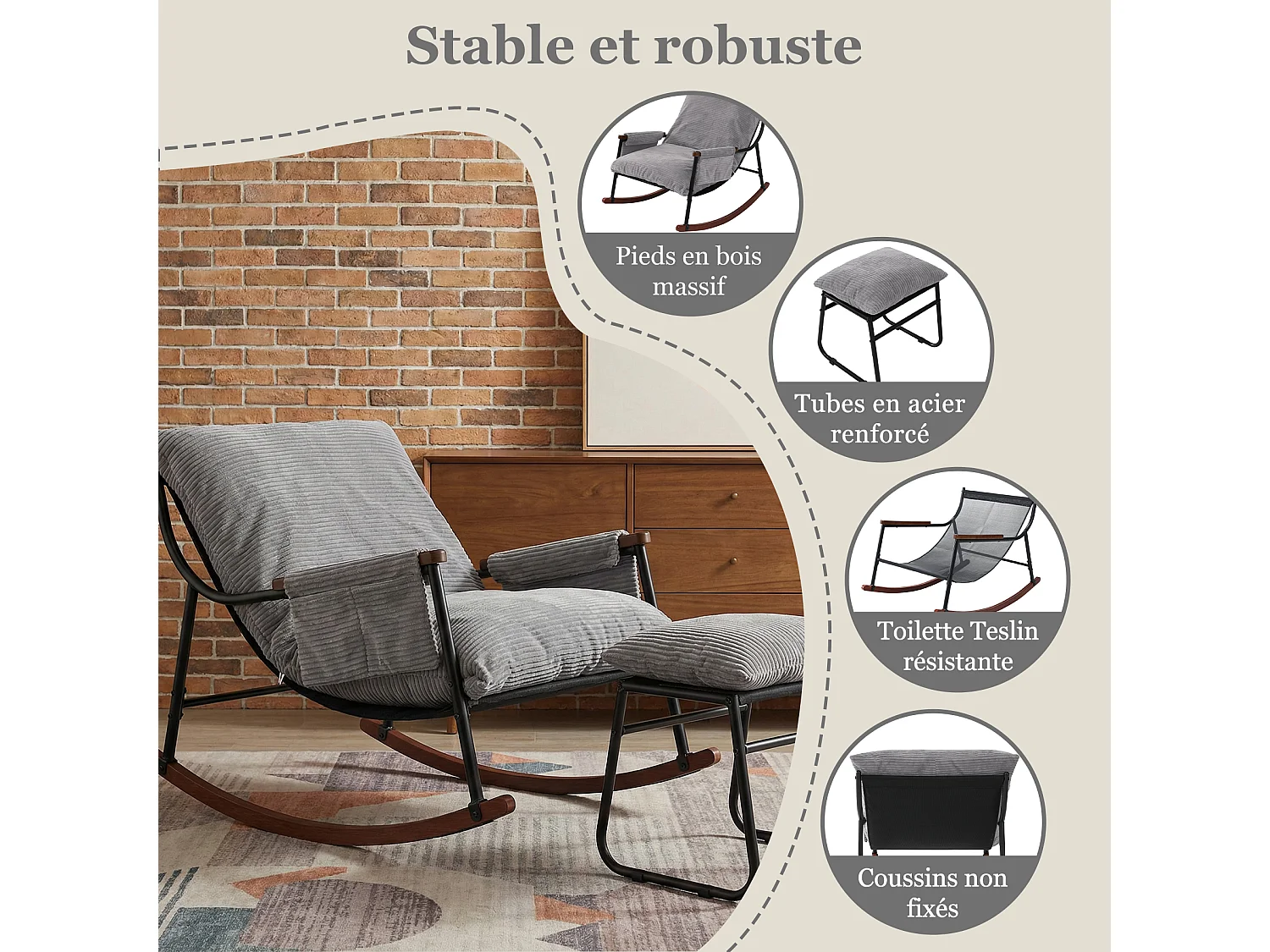 Confort Exceptionnel – Fauteuil à Bascule en Métal avec Accoudoirs en Bois et Repose-pieds, Coussin Épais de 15 cm, Design Moderne en Tissu Rayé, Idéal pour le Salo
