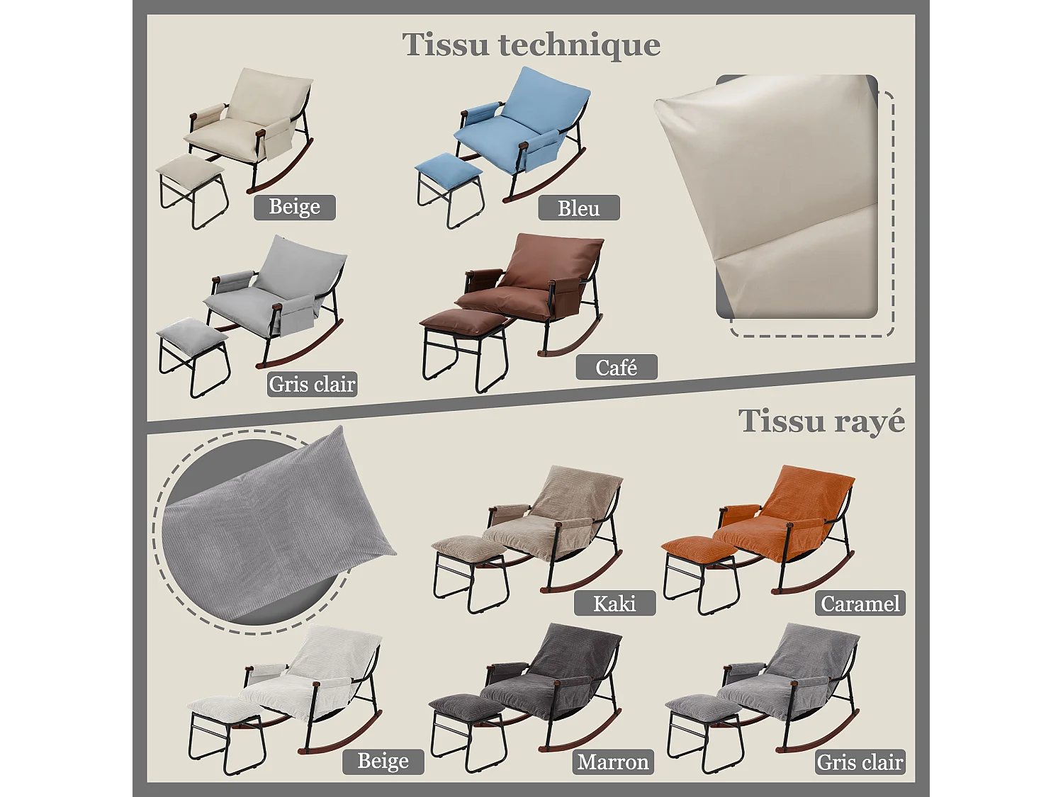 Confort Exceptionnel – Fauteuil à Bascule en Métal avec Accoudoirs en Bois et Repose-pieds, Coussin Épais de 15 cm, Design Moderne en Tissu Rayé, Idéal pour le Salo