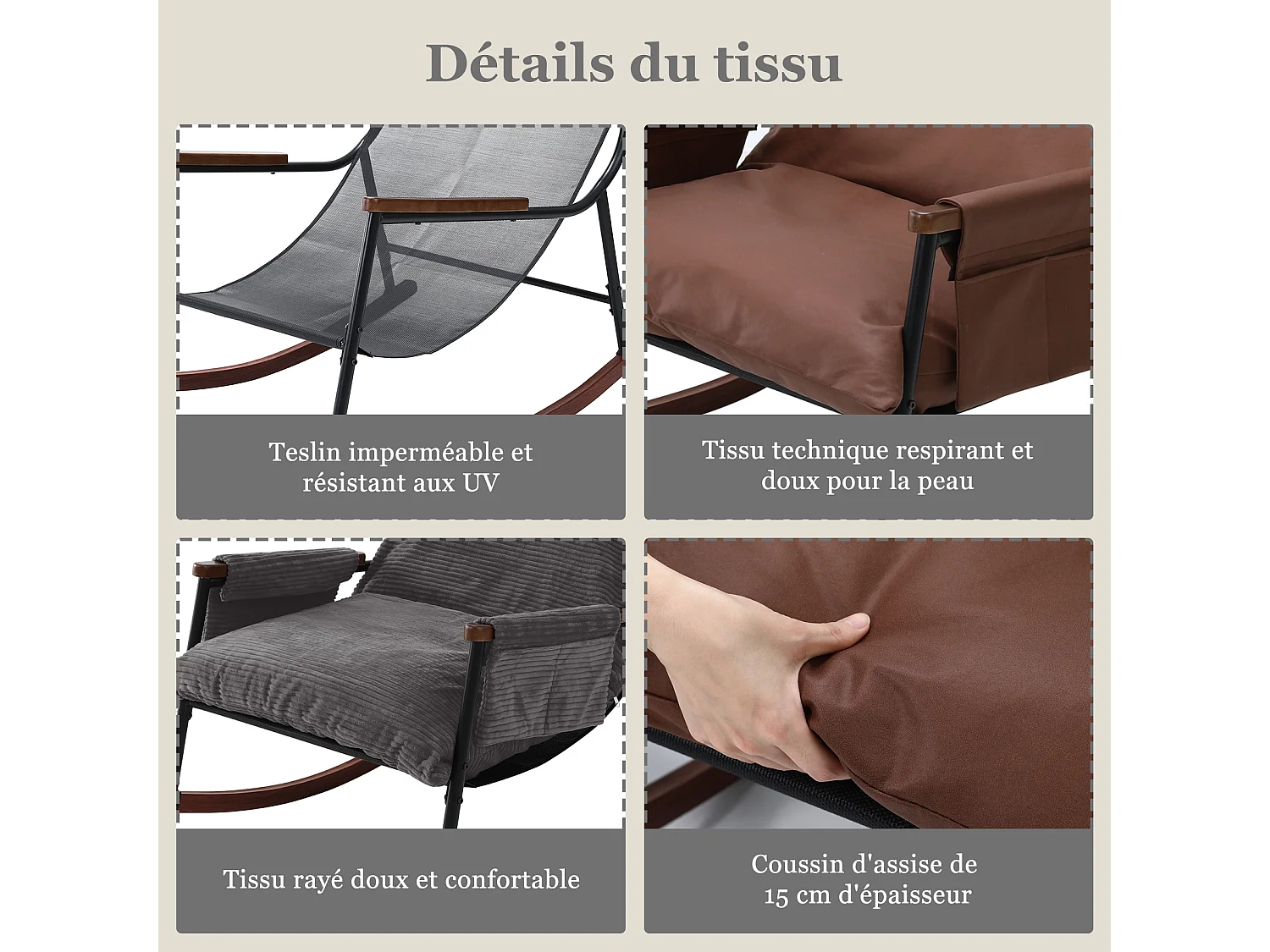 Confort Exceptionnel – Fauteuil à Bascule en Métal avec Accoudoirs en Bois et Repose-pieds, Coussin Épais de 15 cm, Design Moderne en Tissu Rayé, Idéal pour le Salo