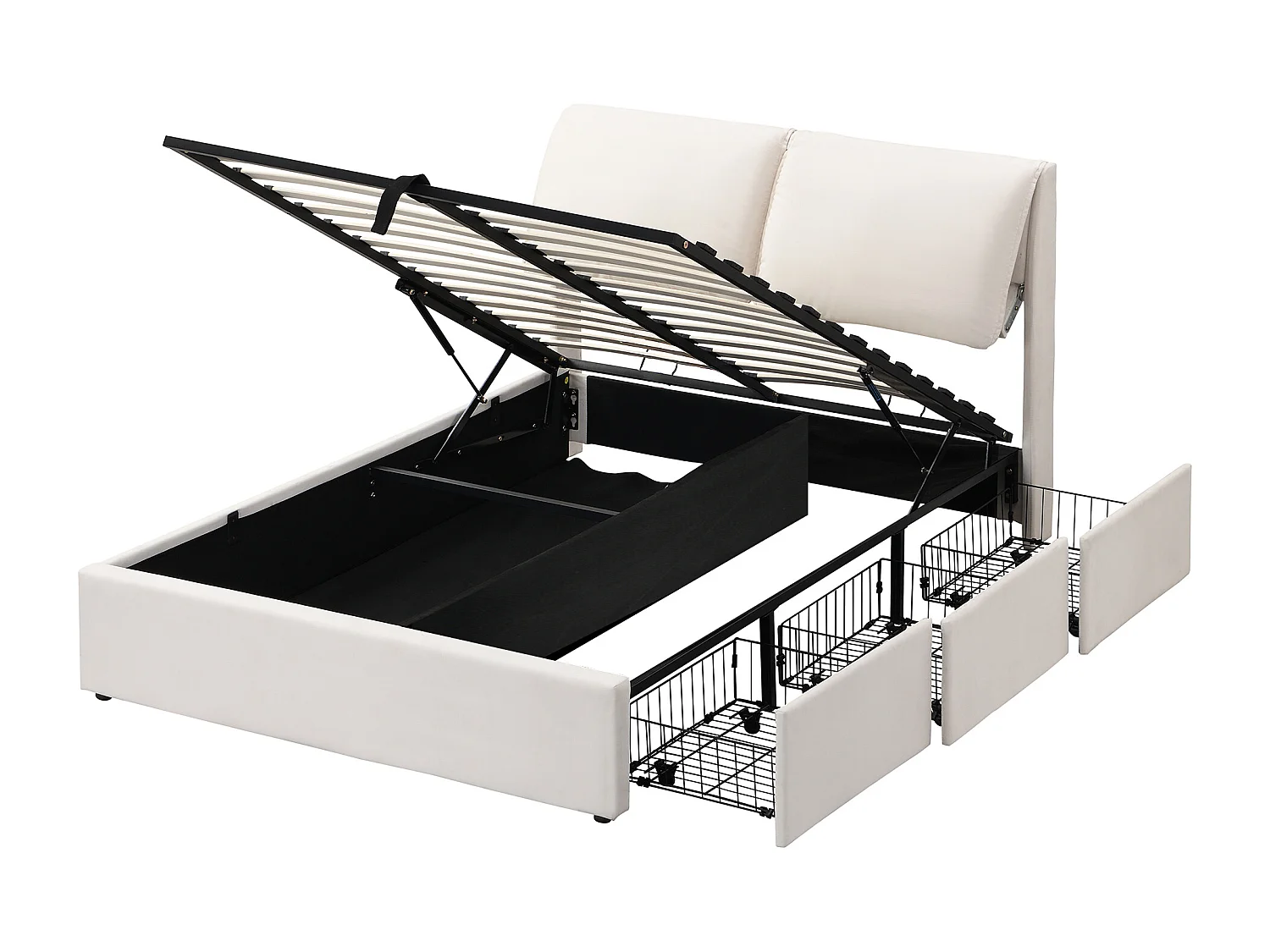 Lit tapissé 140x190 – sommier hydraulique avec coffre – 3 tiroirs – tête de lit velours beige