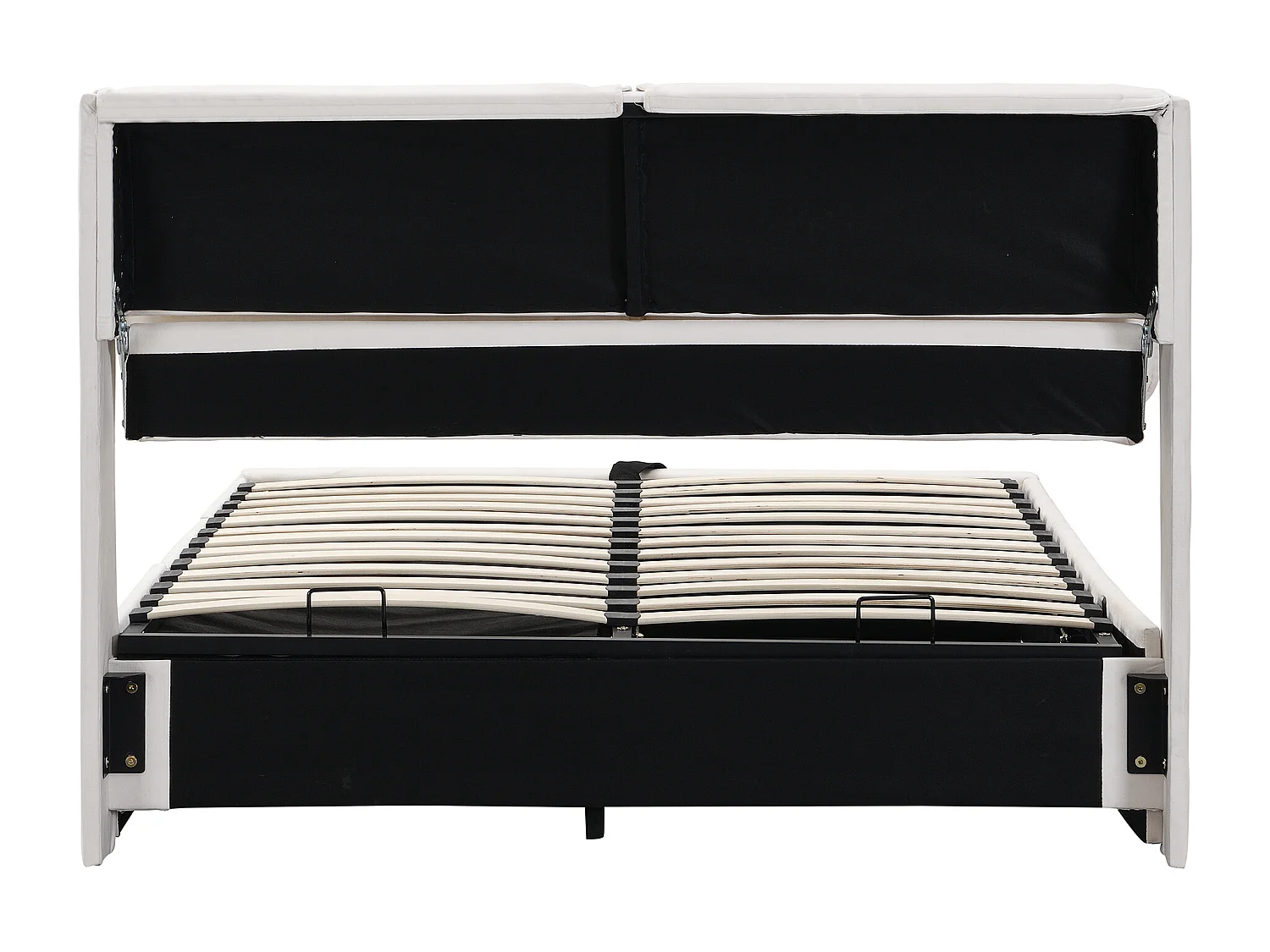 Lit tapissé 140x190 – sommier hydraulique avec coffre – 3 tiroirs – tête de lit velours beige