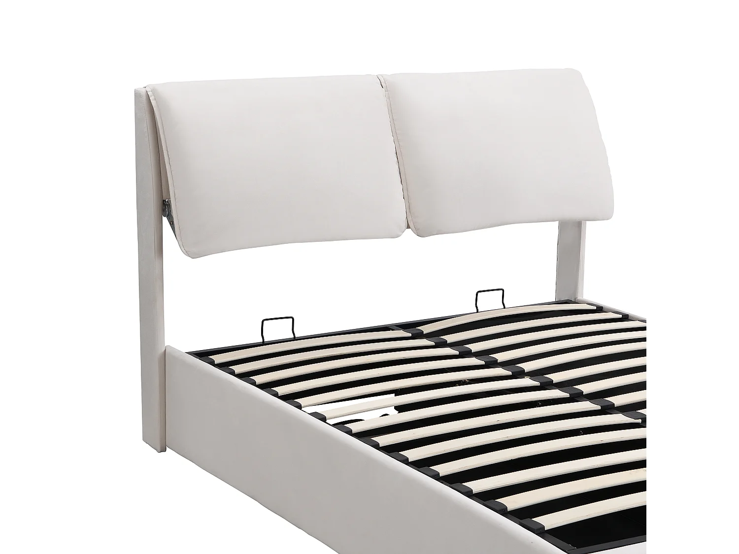 Lit tapissé 140x190 – sommier hydraulique avec coffre – 3 tiroirs – tête de lit velours beige