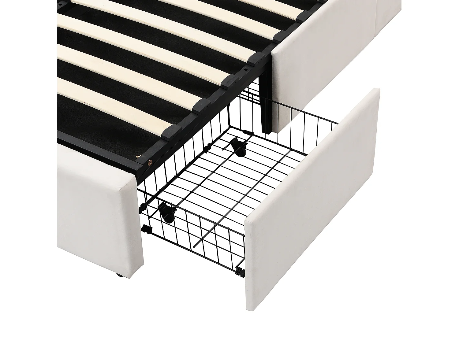 Lit tapissé 140x190 – sommier hydraulique avec coffre – 3 tiroirs – tête de lit velours beige