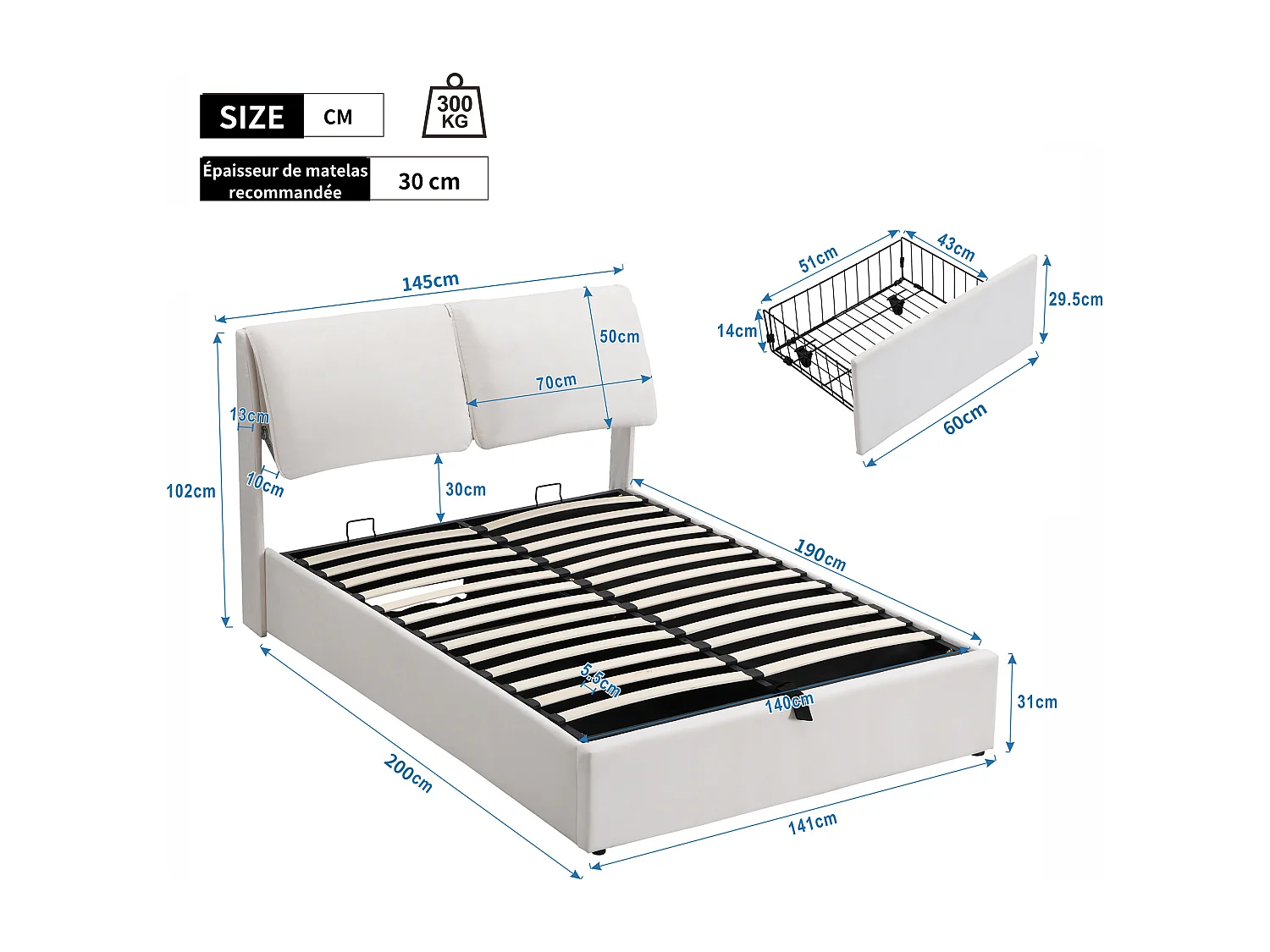 Lit tapissé 140x190 – sommier hydraulique avec coffre – 3 tiroirs – tête de lit velours beige