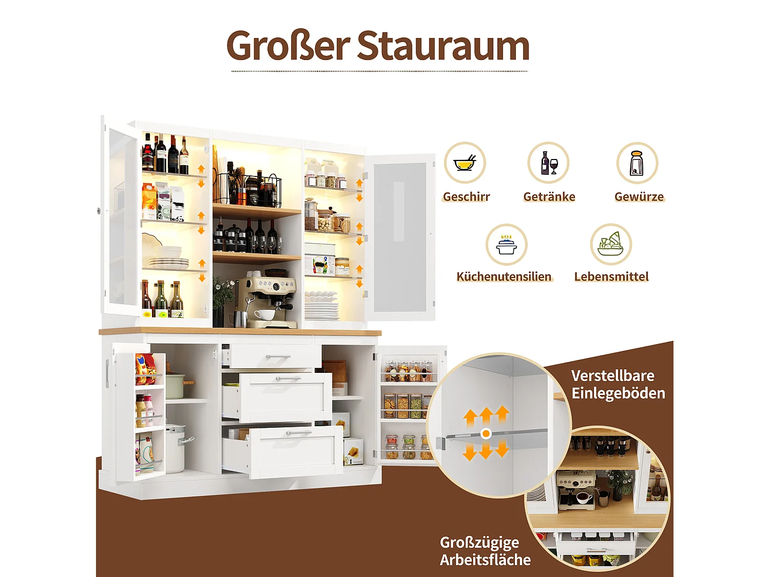 Meuble de cuisine avec éclairage LED 185 x 140 x 40 cm , 3 tiroirs, plan de travail, étagères réglables, blanc