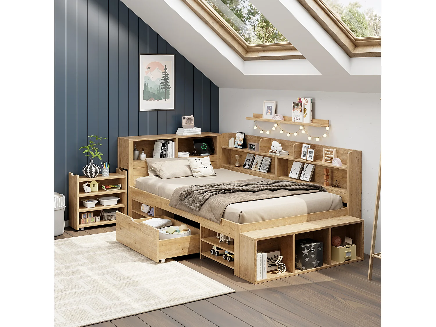 Lit enfant 90x200 cm, lit de rangement avec tiroirs, étagères et charge sans fil, naturel