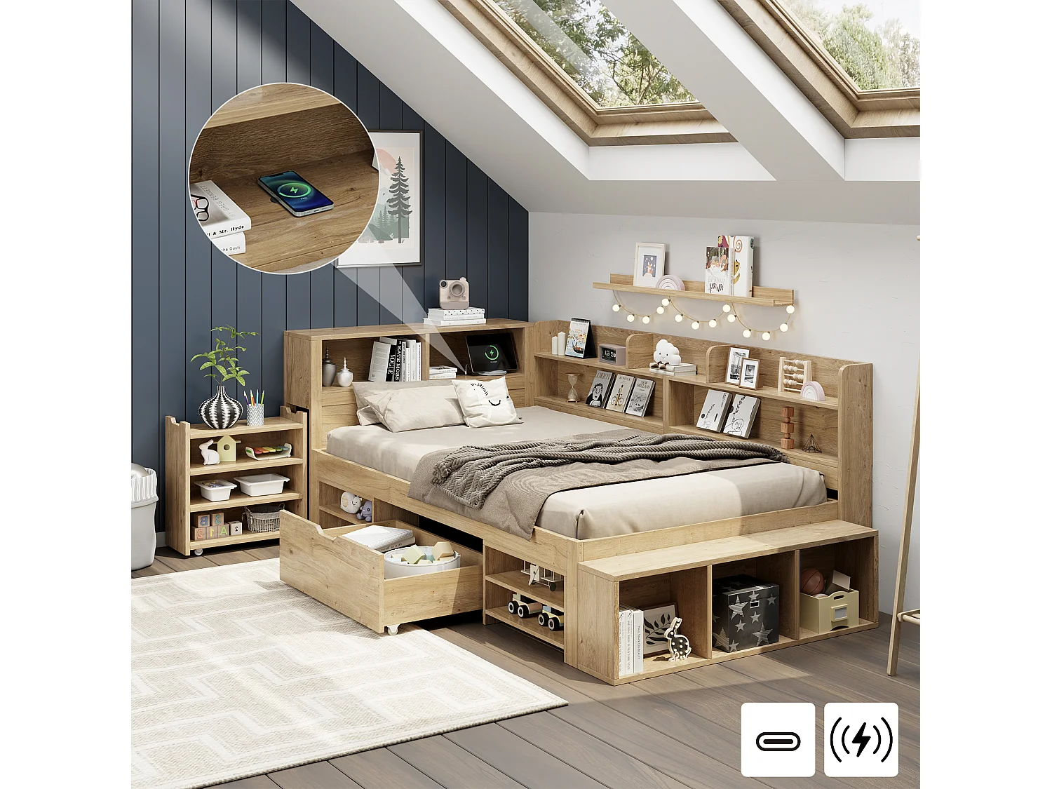 Lit enfant 90x200 cm, lit de rangement avec tiroirs, étagères et charge sans fil, naturel