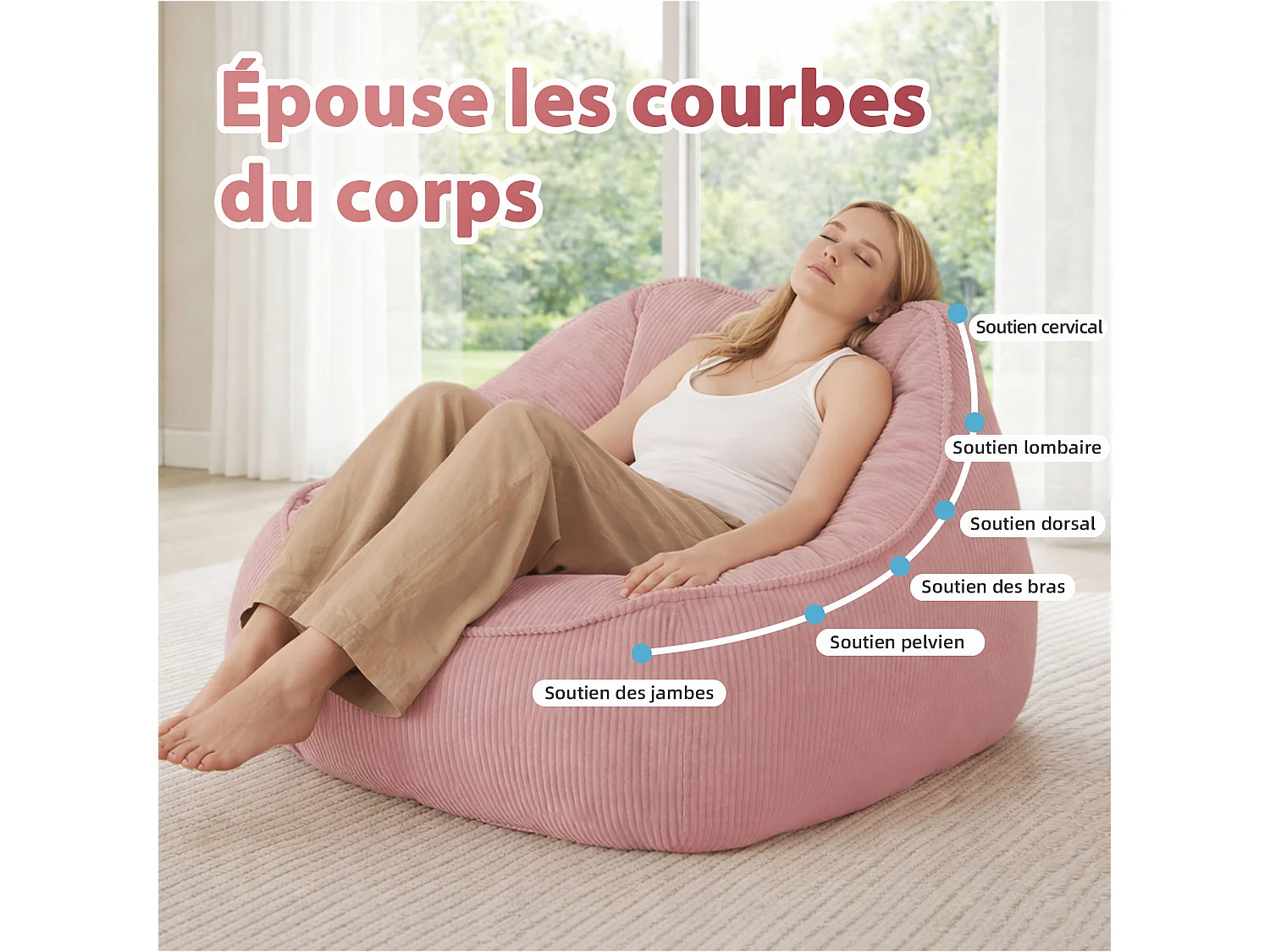 Pouf poire en velours côtelé, effet cocon et base antidérapante pour chambre et salon