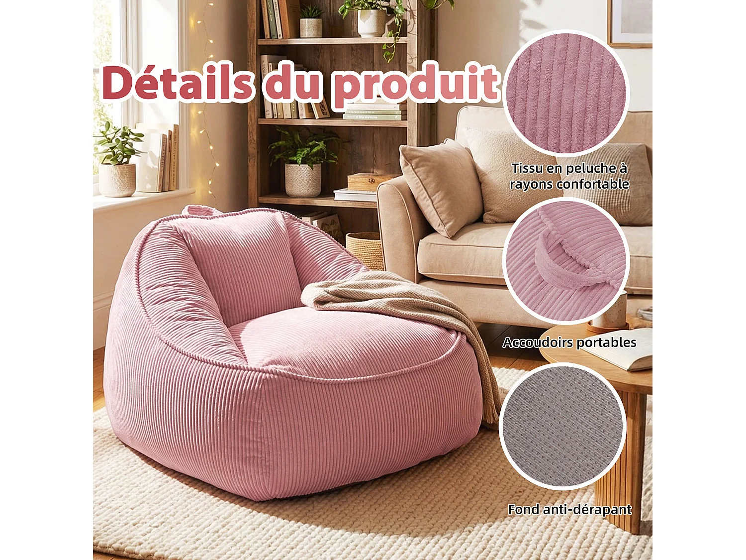 Pouf poire en velours côtelé, effet cocon et base antidérapante pour chambre et salon