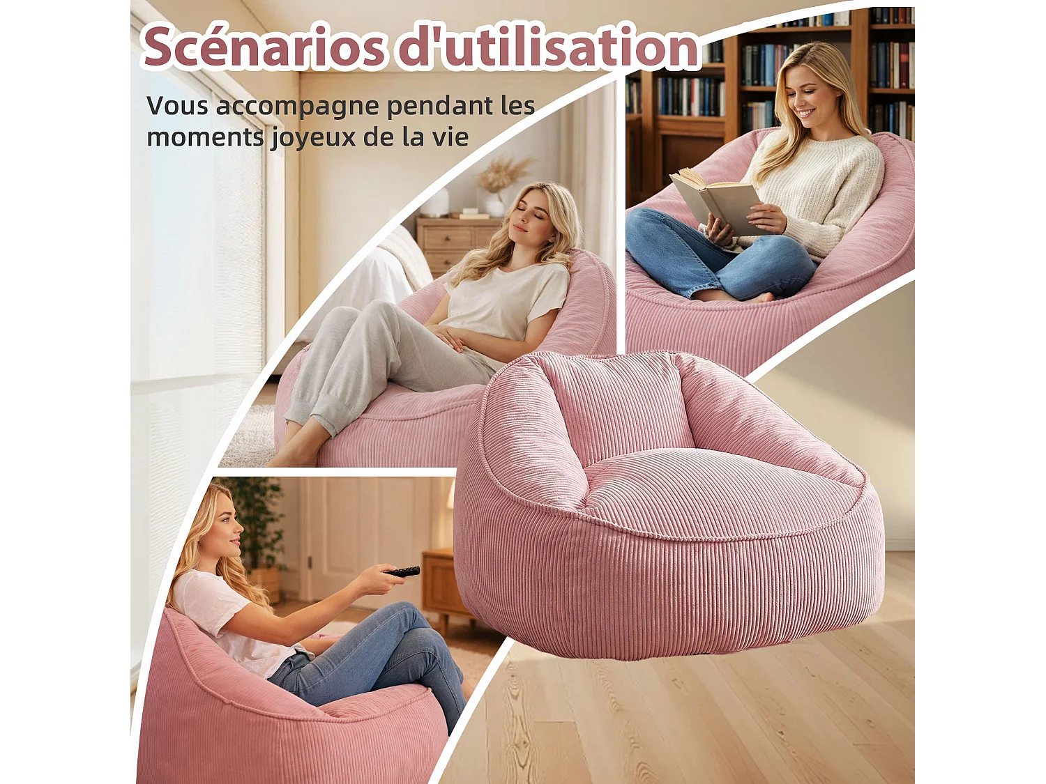 Pouf poire en velours côtelé, effet cocon et base antidérapante pour chambre et salon