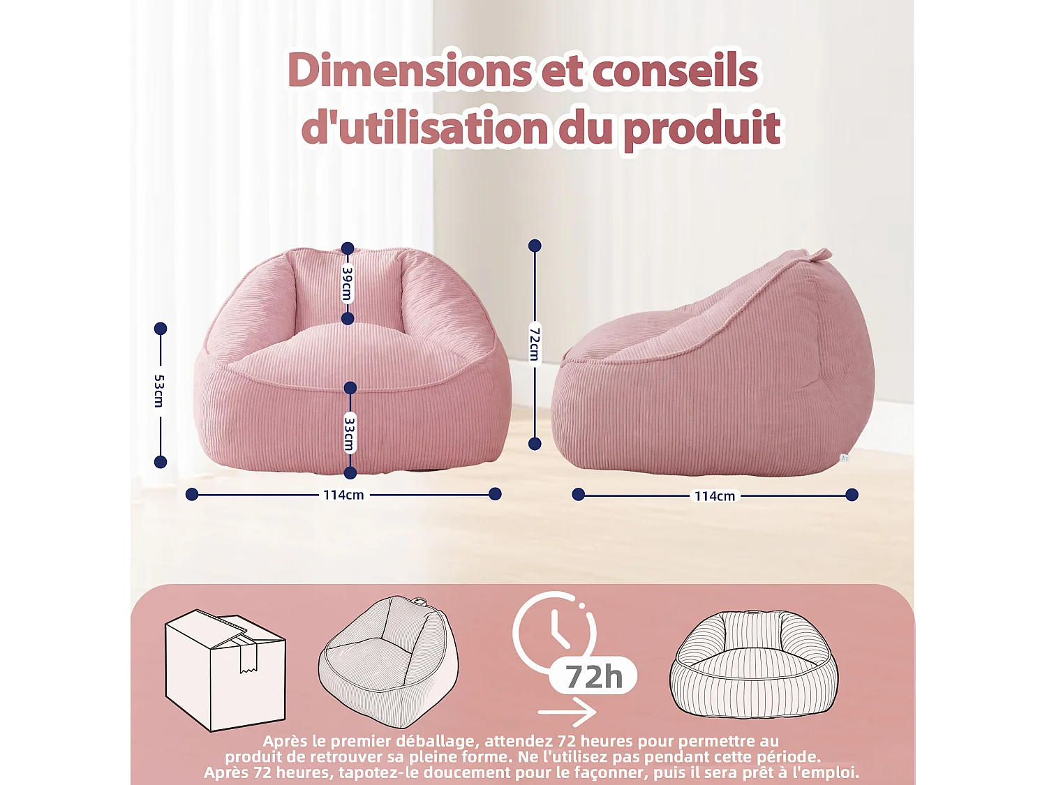 Pouf poire en velours côtelé, effet cocon et base antidérapante pour chambre et salon