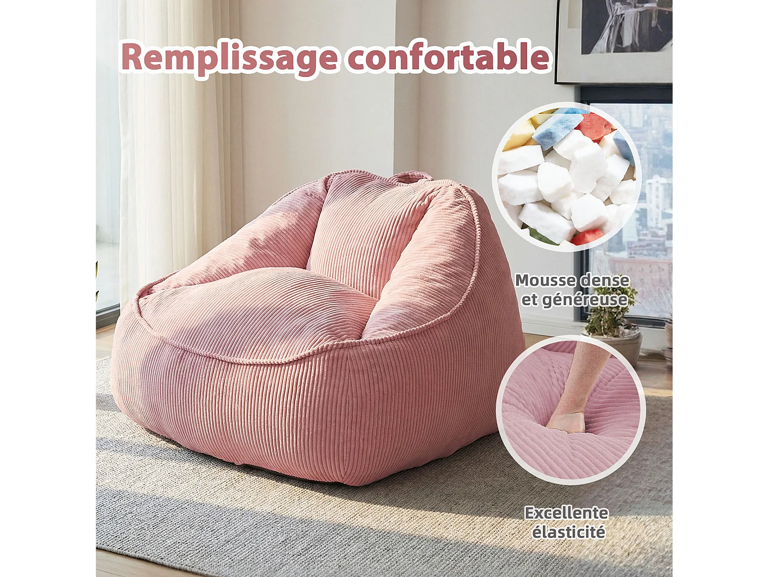 Pouf poire en velours côtelé, effet cocon et base antidérapante pour chambre et salon
